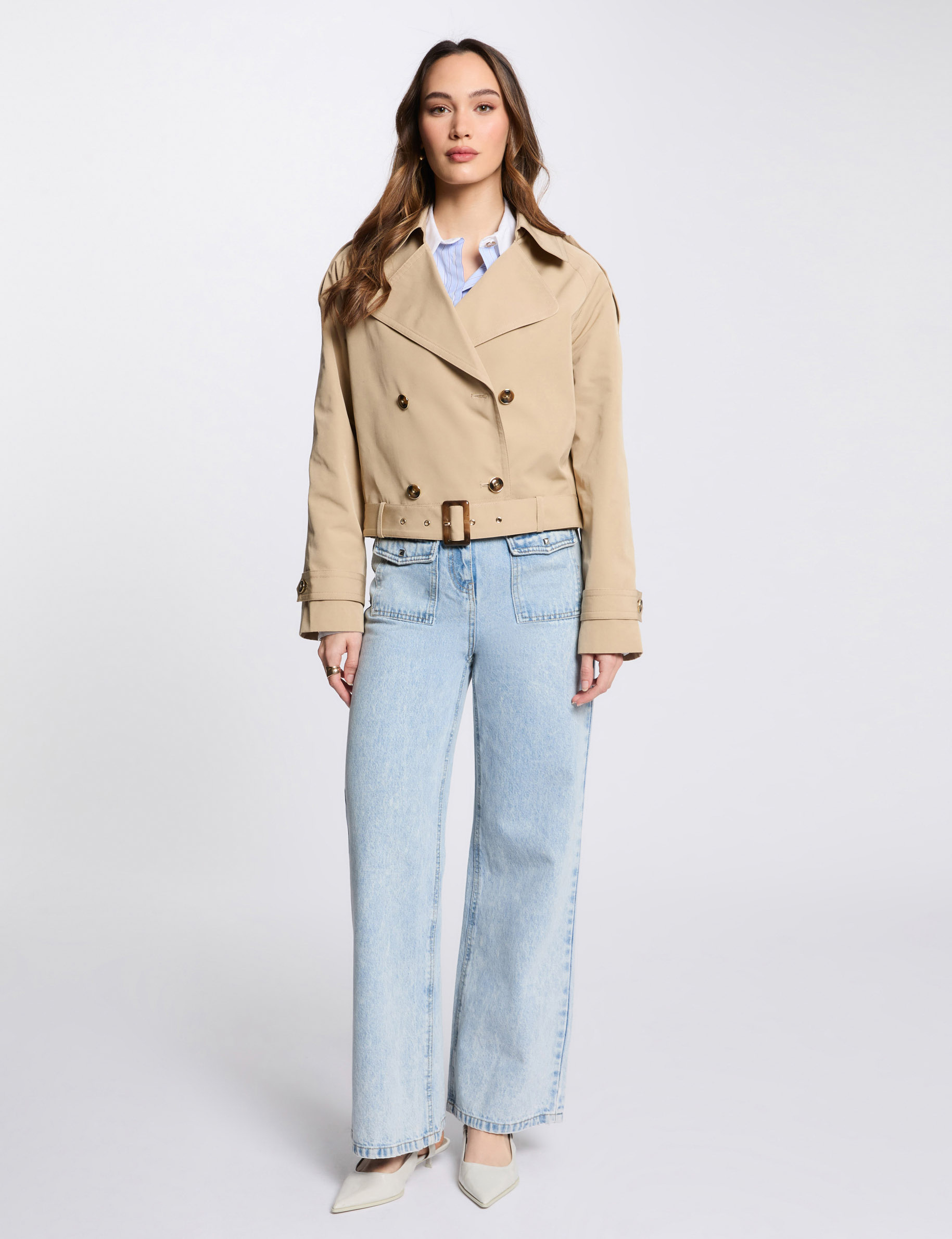 belted short trenchcoat beige women Belted short trenchcoat beige women