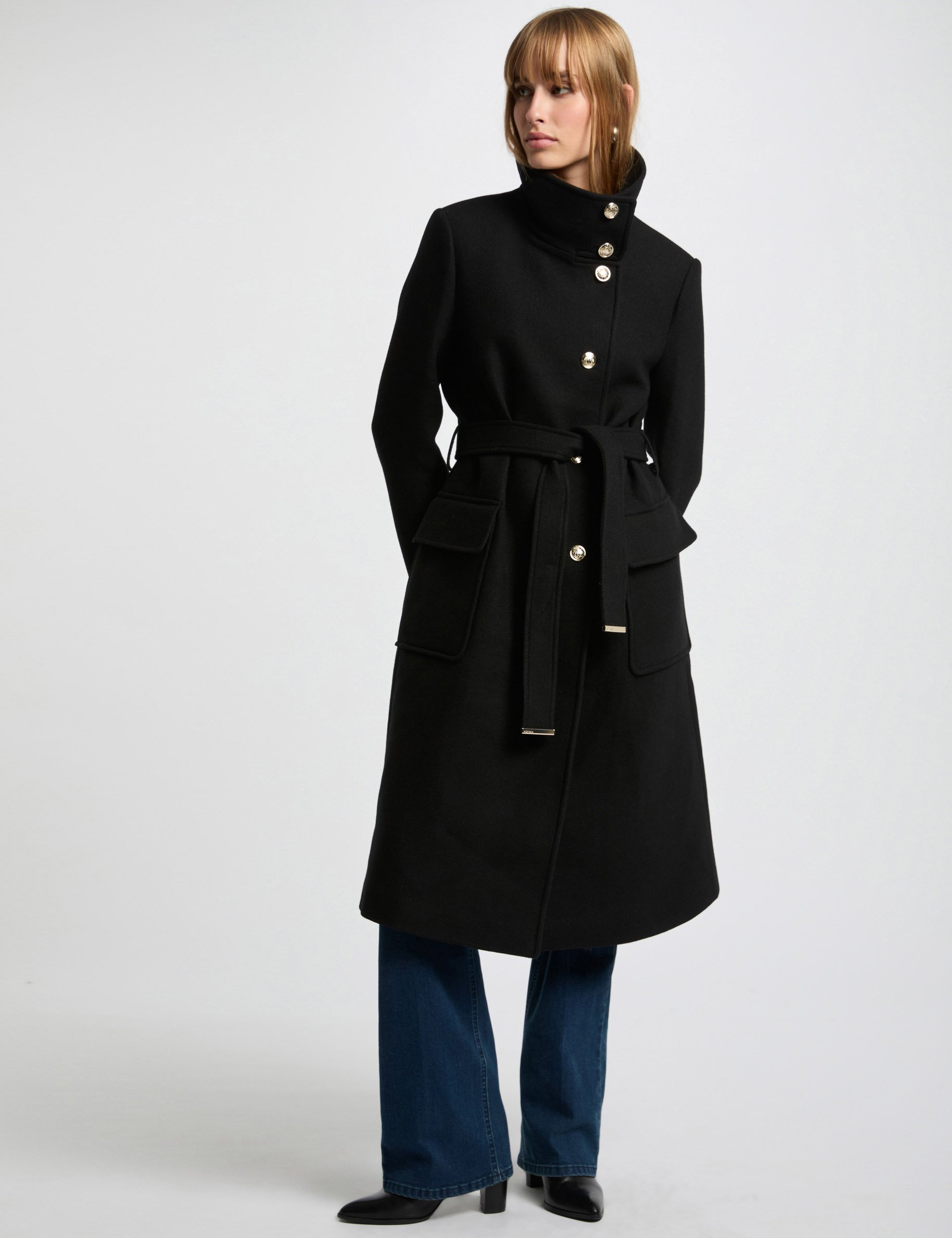 belted long coat black women Belted long coat black women