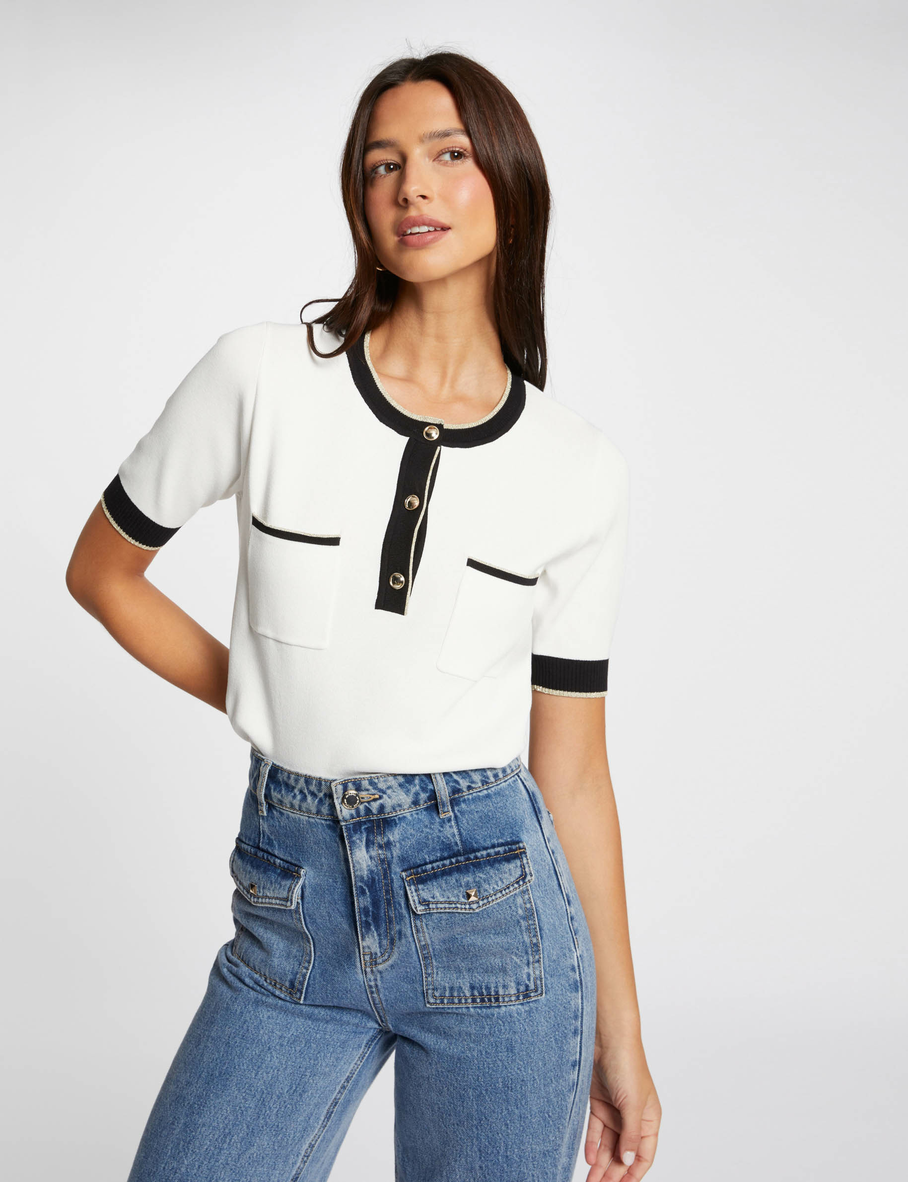 Short sleeved jumper 2 pockets ecru women Morgan