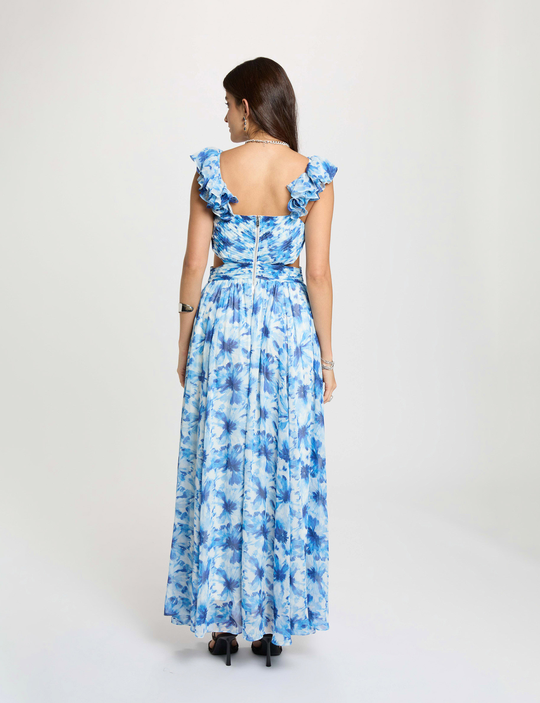 Floral flared maxi dress navy blue women