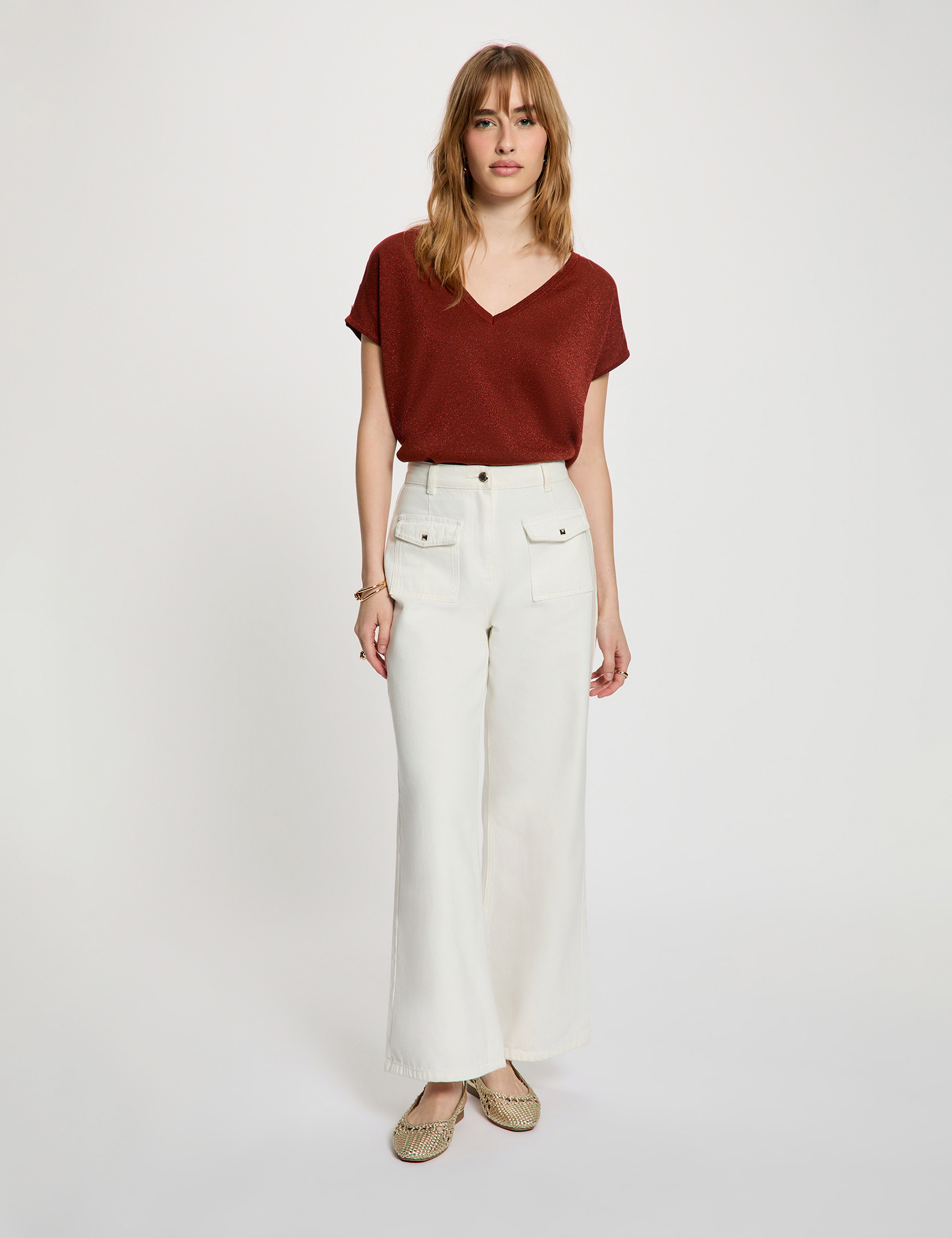 Oversized V-neck sweater cognac brown women
