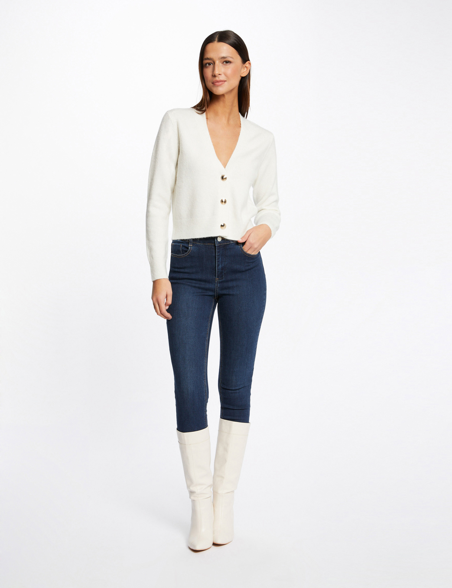 Long-sleeved cardigan with V-neck ecru ladies' Long-sleeved cardigan with V-neck ecru ladies'