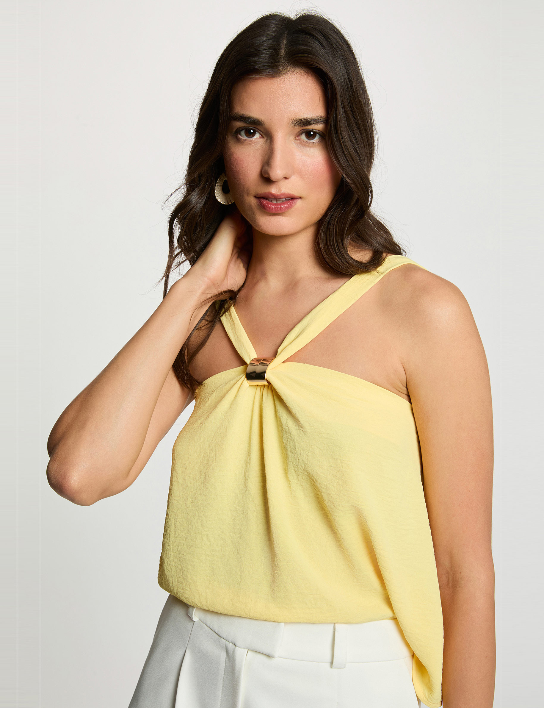 Pleated high neck top yellow women — free download