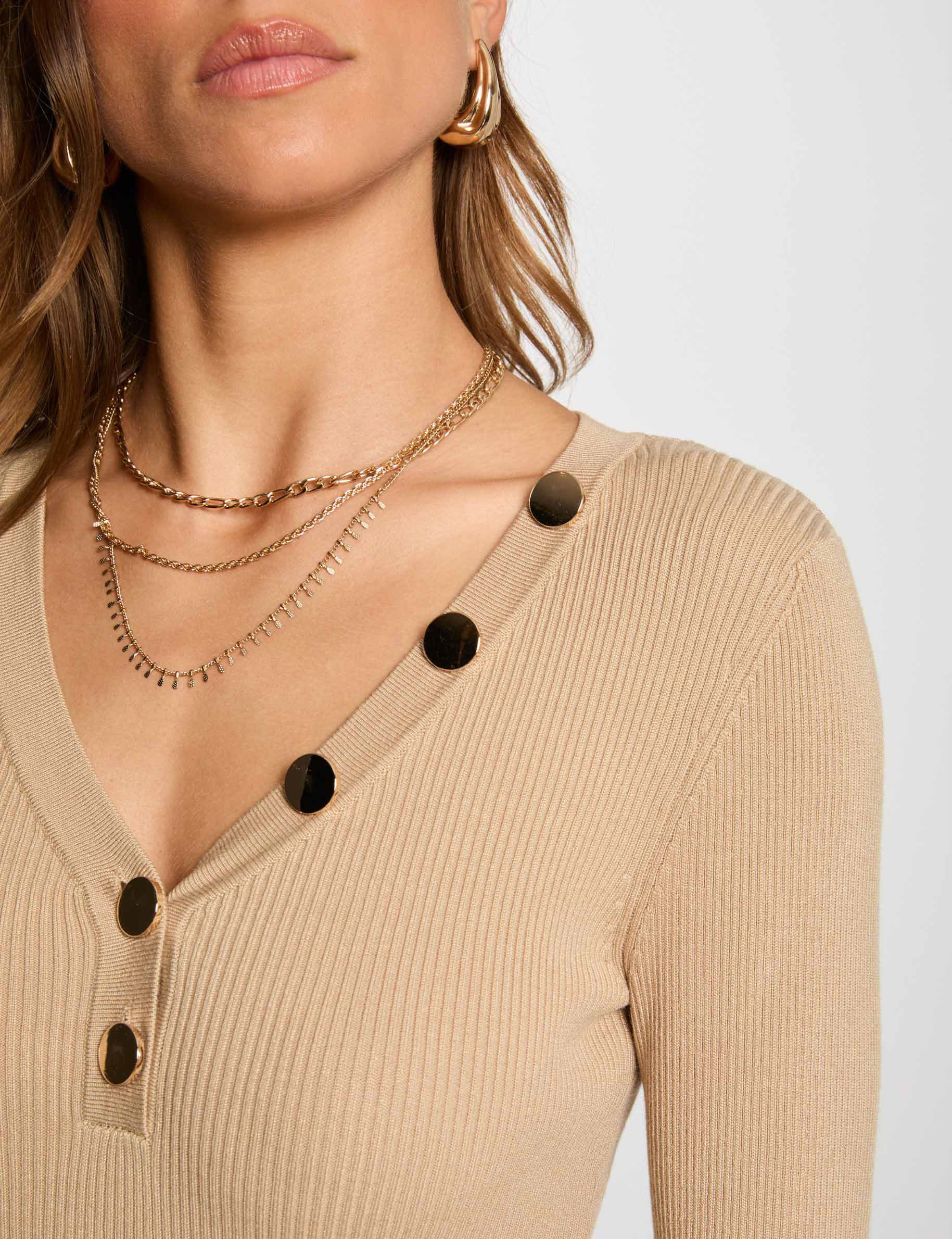 long sleeved jumper buttons fine knit light brown women Long-sleeved jumper buttons fine knit light brown women