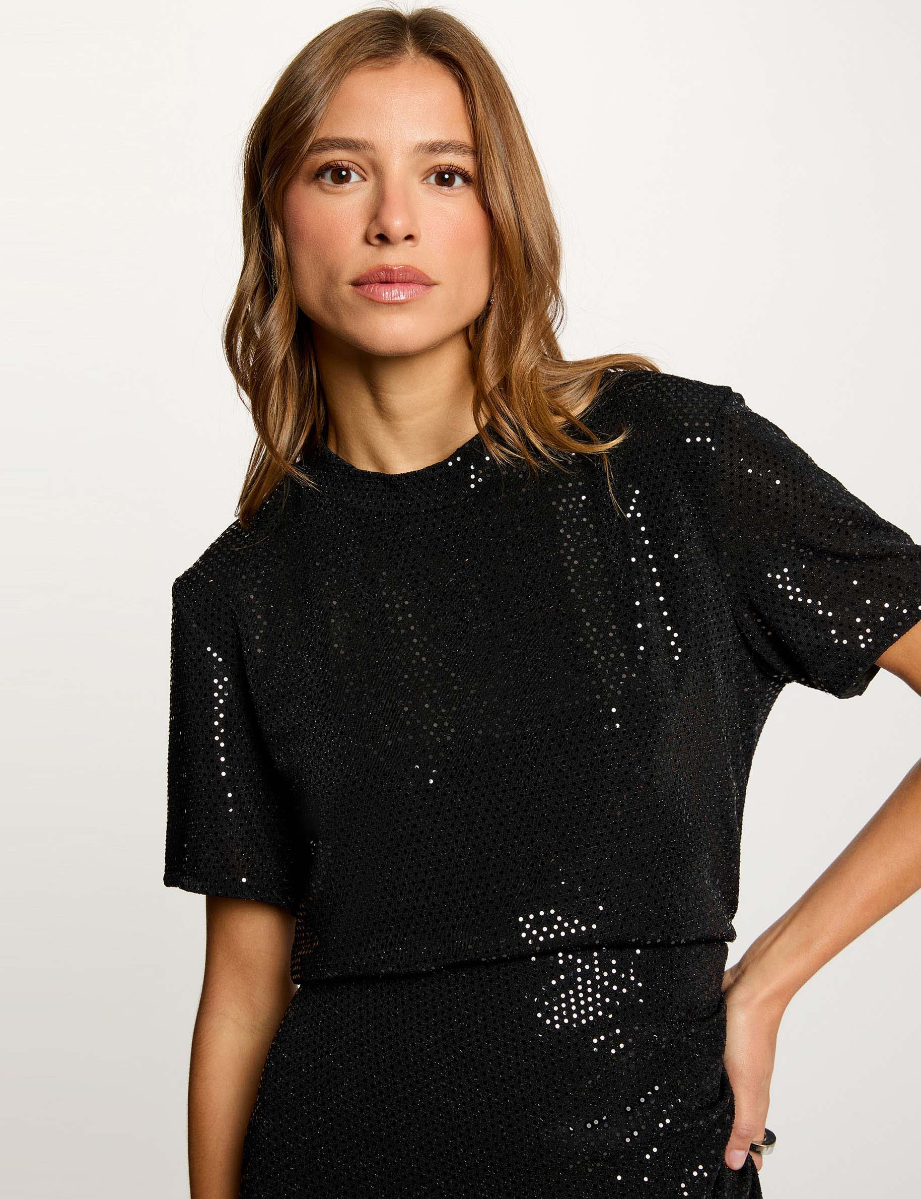 t shirt sequins col montant noir femme T-shirt sequins col montant noir femme