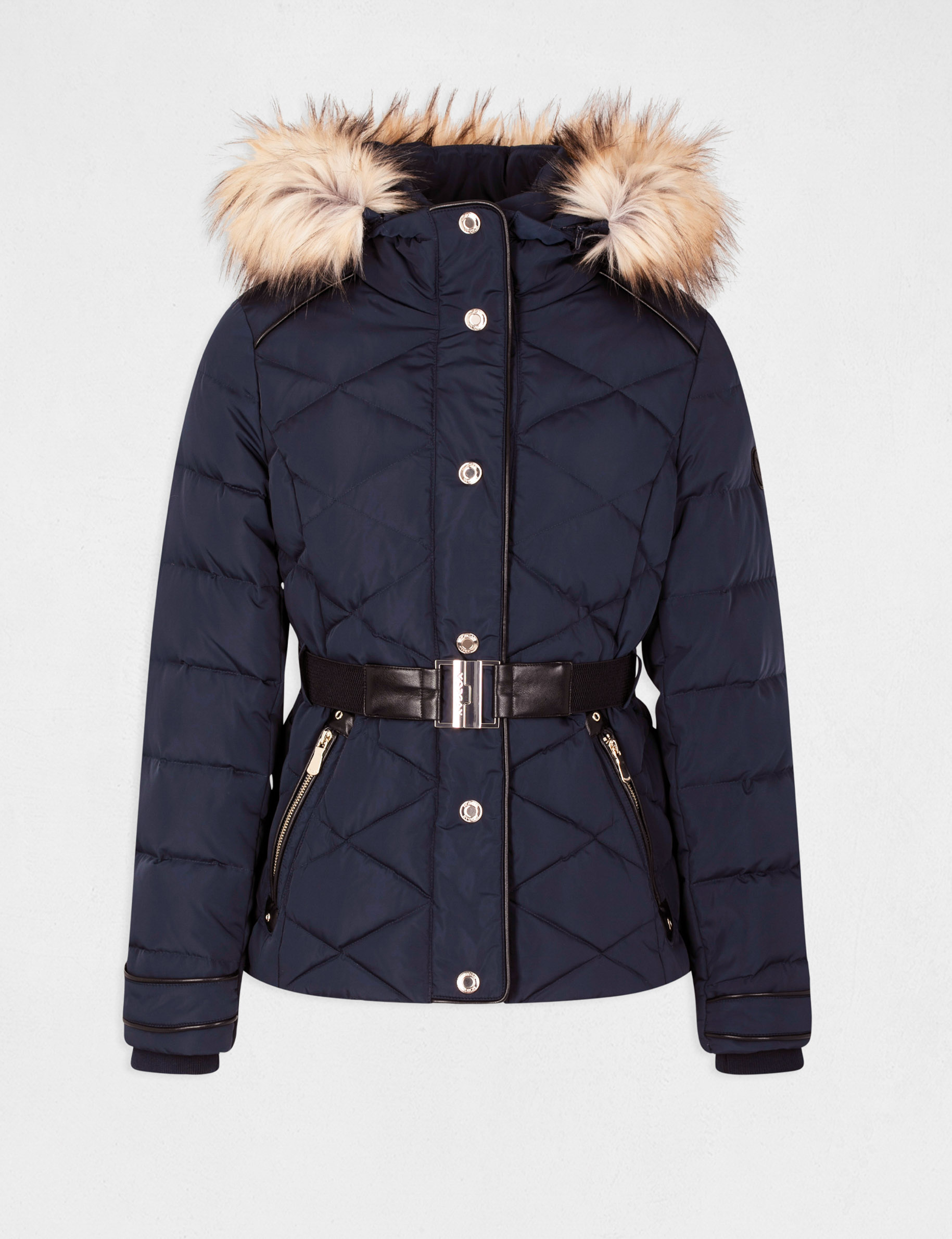 straight belted padded jacket with hood navy ladies Straight belted padded jacket with hood navy ladies'