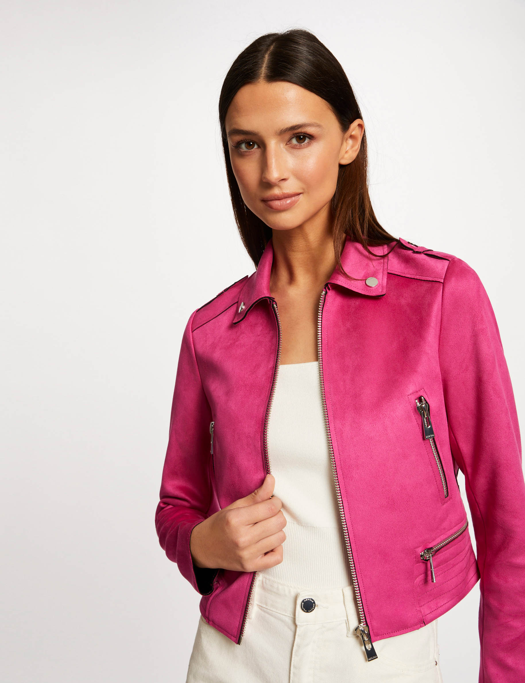 Straight jacket with suede effect raspberry ladies'
