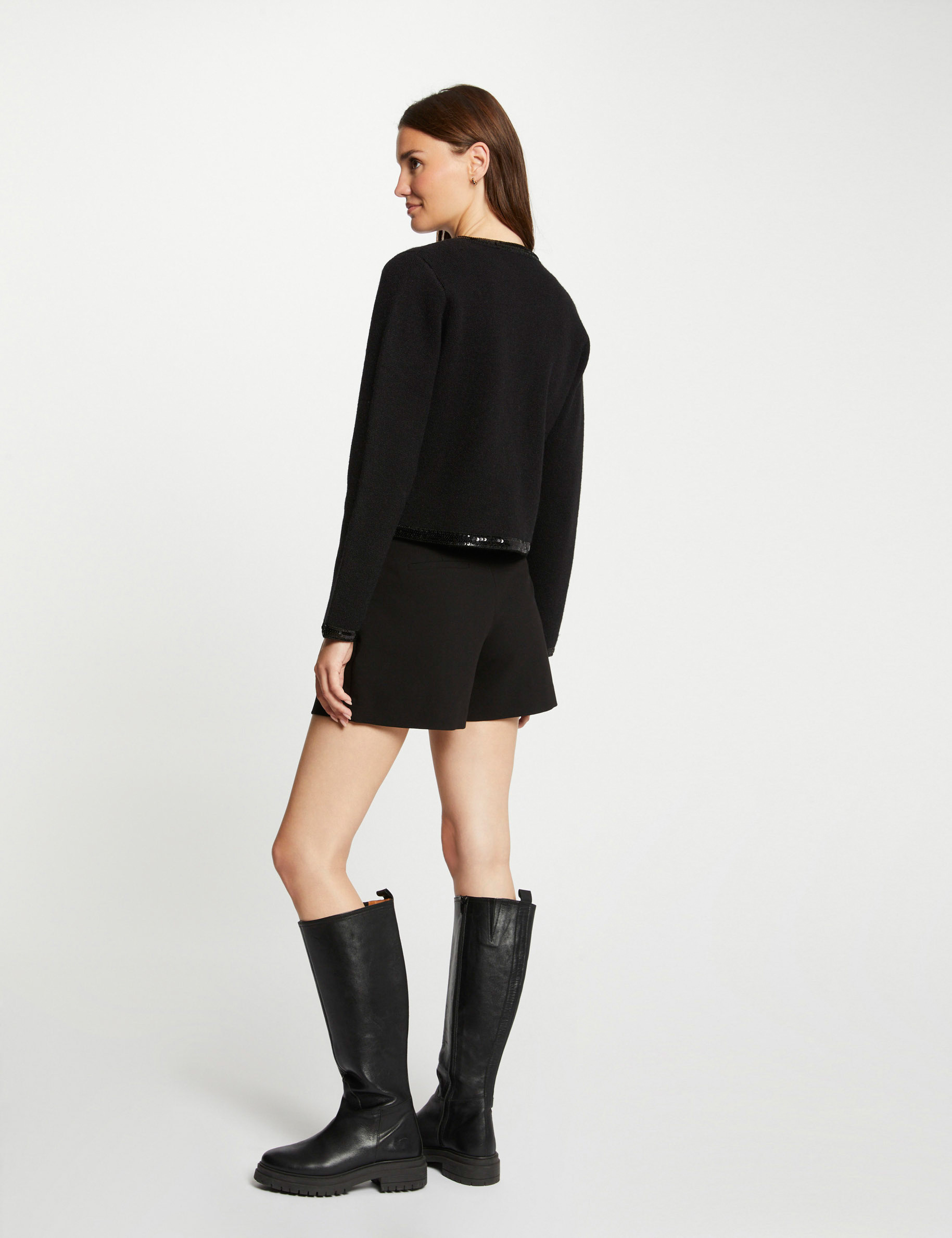 Long-sleeved cardigan sequins strips black ladies'