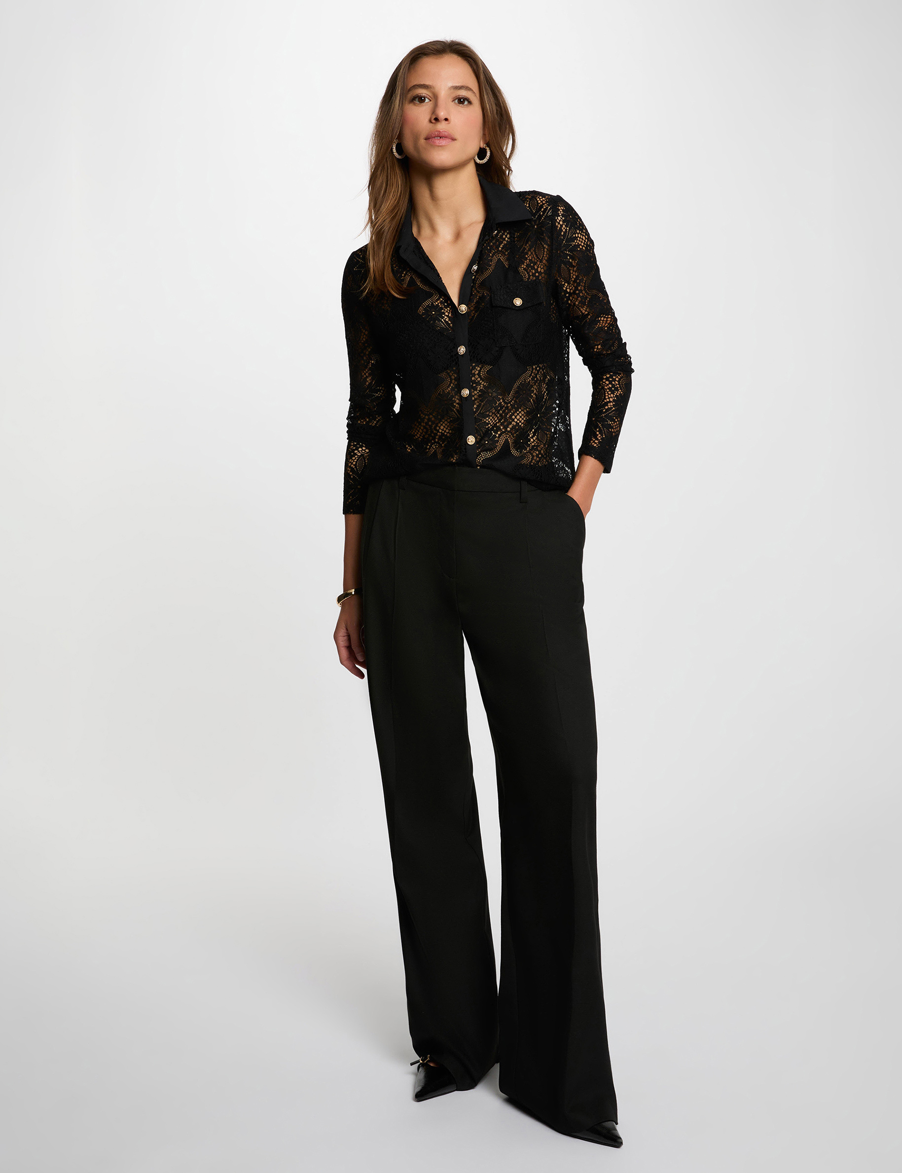 Lace shirt with a notched collar black women
