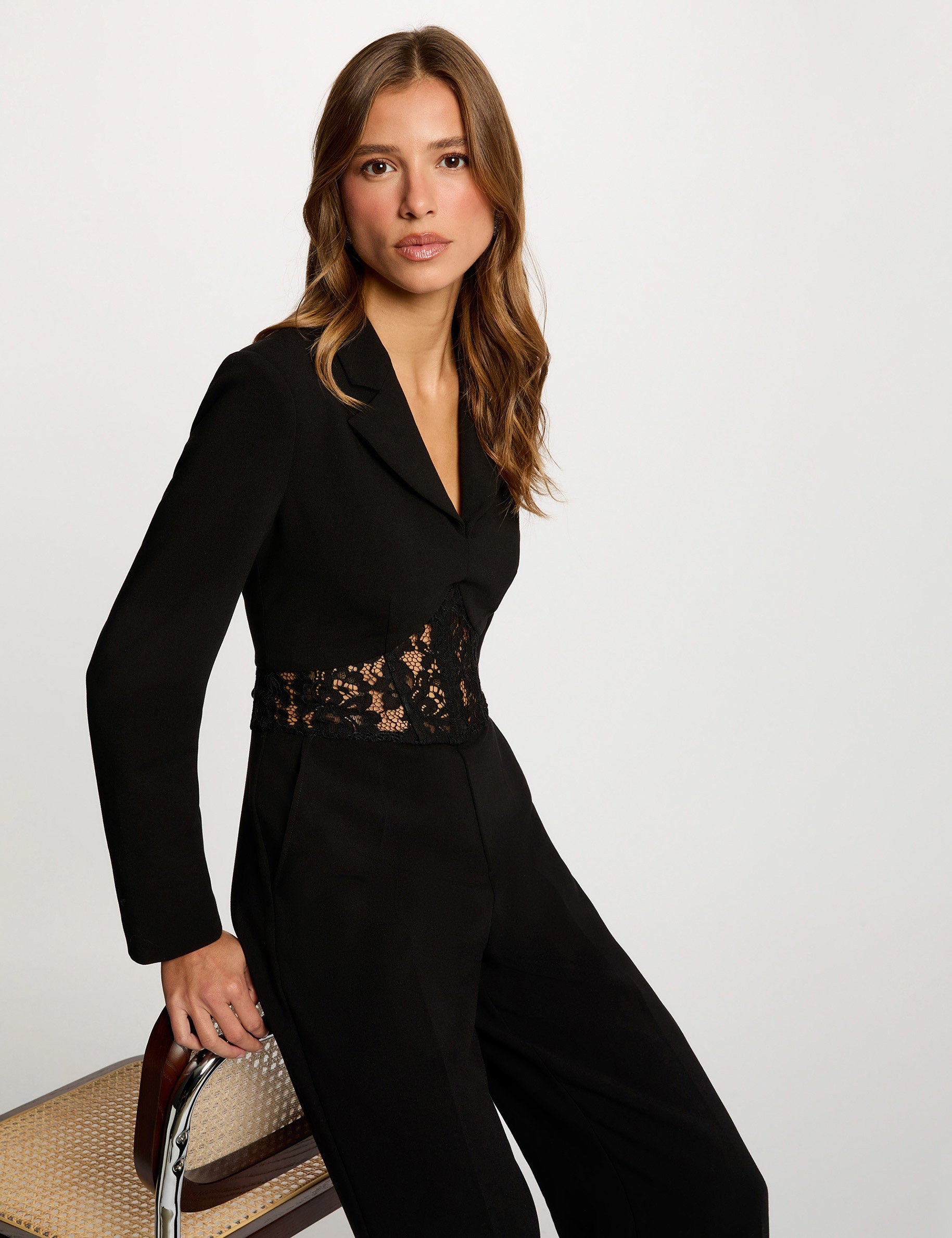 lace jumpsuit with tailored collar black women Lace jumpsuit with tailored collar black women