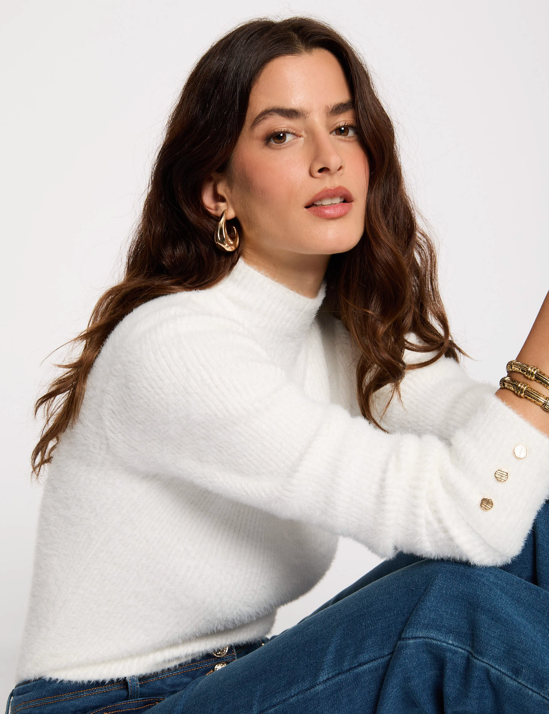 pull manches longues maille duveteuse ivoire femme Pull manches longues maille duveteuse ivoire femme