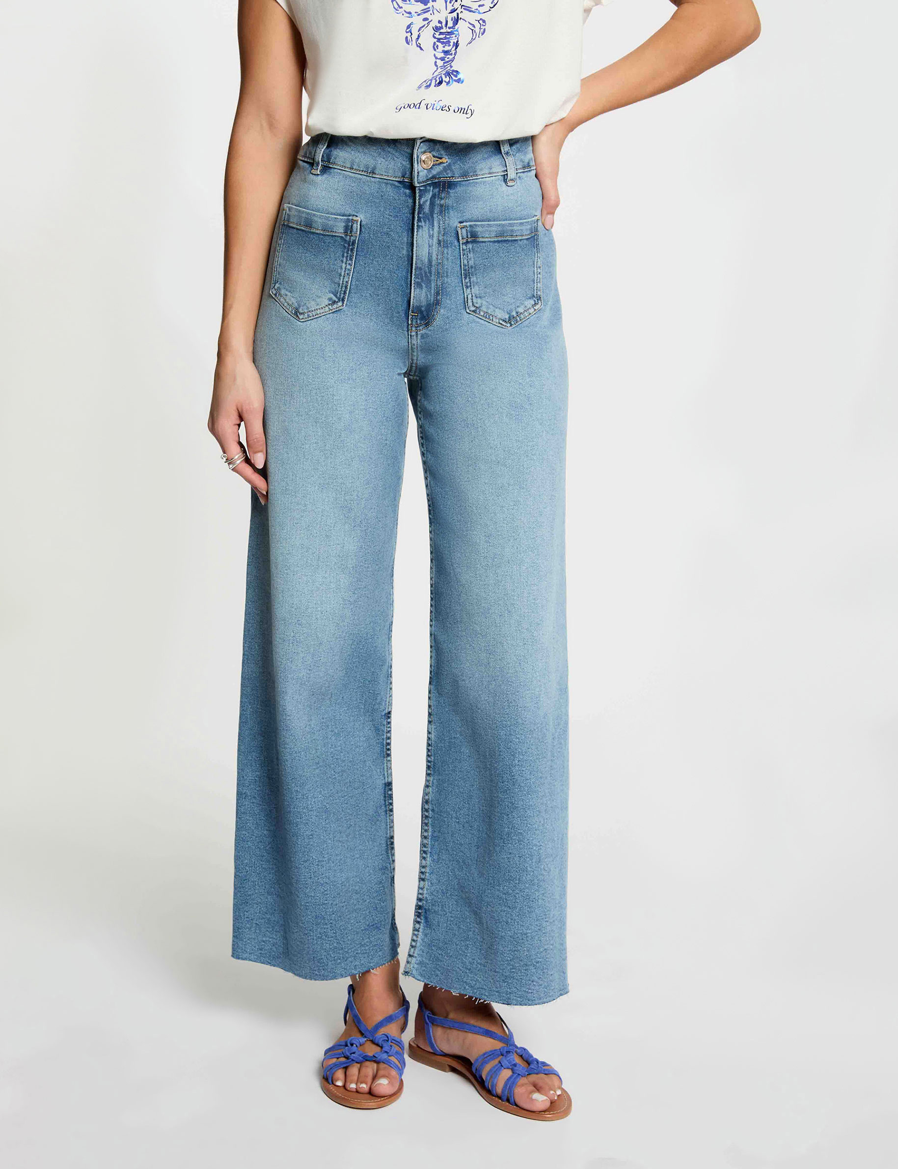 High-waisted wide-leg jeans heavy stone wash denim women