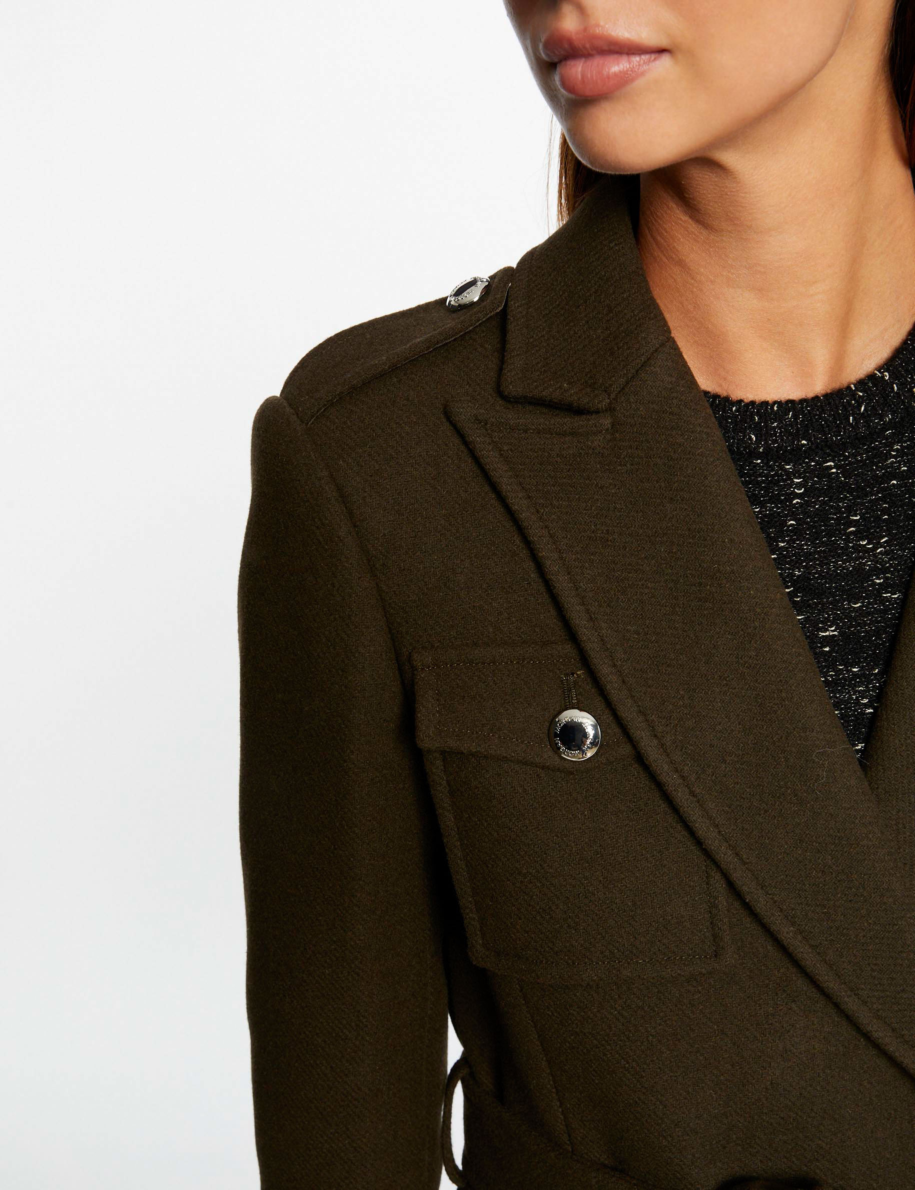 Long waisted coat with belt dark green women Morgan