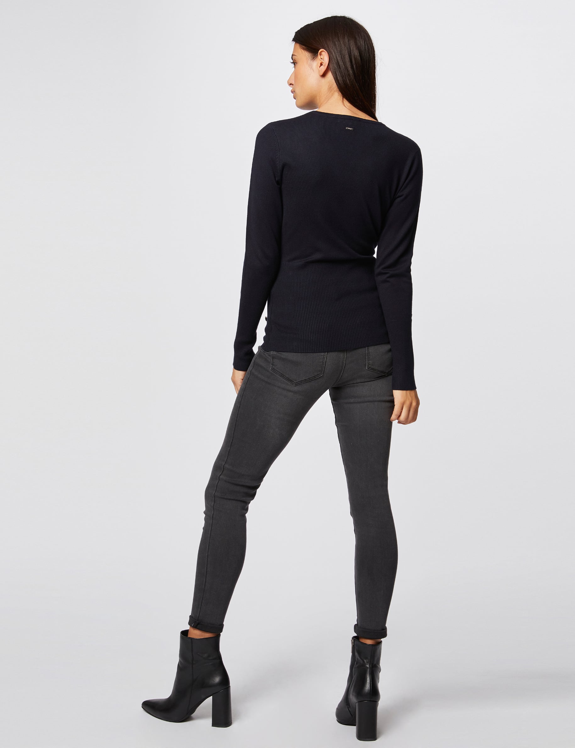 Long-sleeved jumper wrap-over neckline navy blue women
