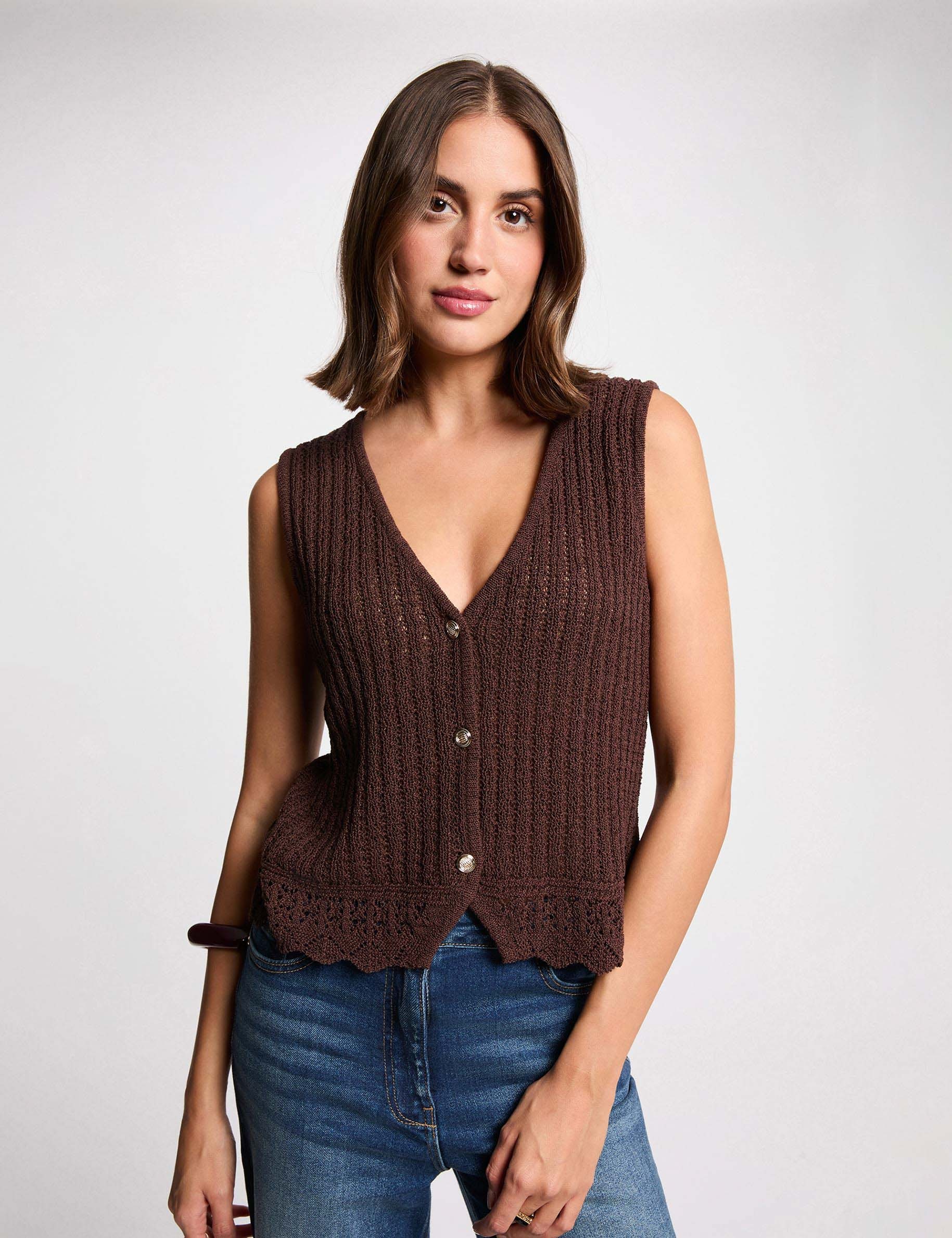 Sleeveless openwork cardigan dark brown women