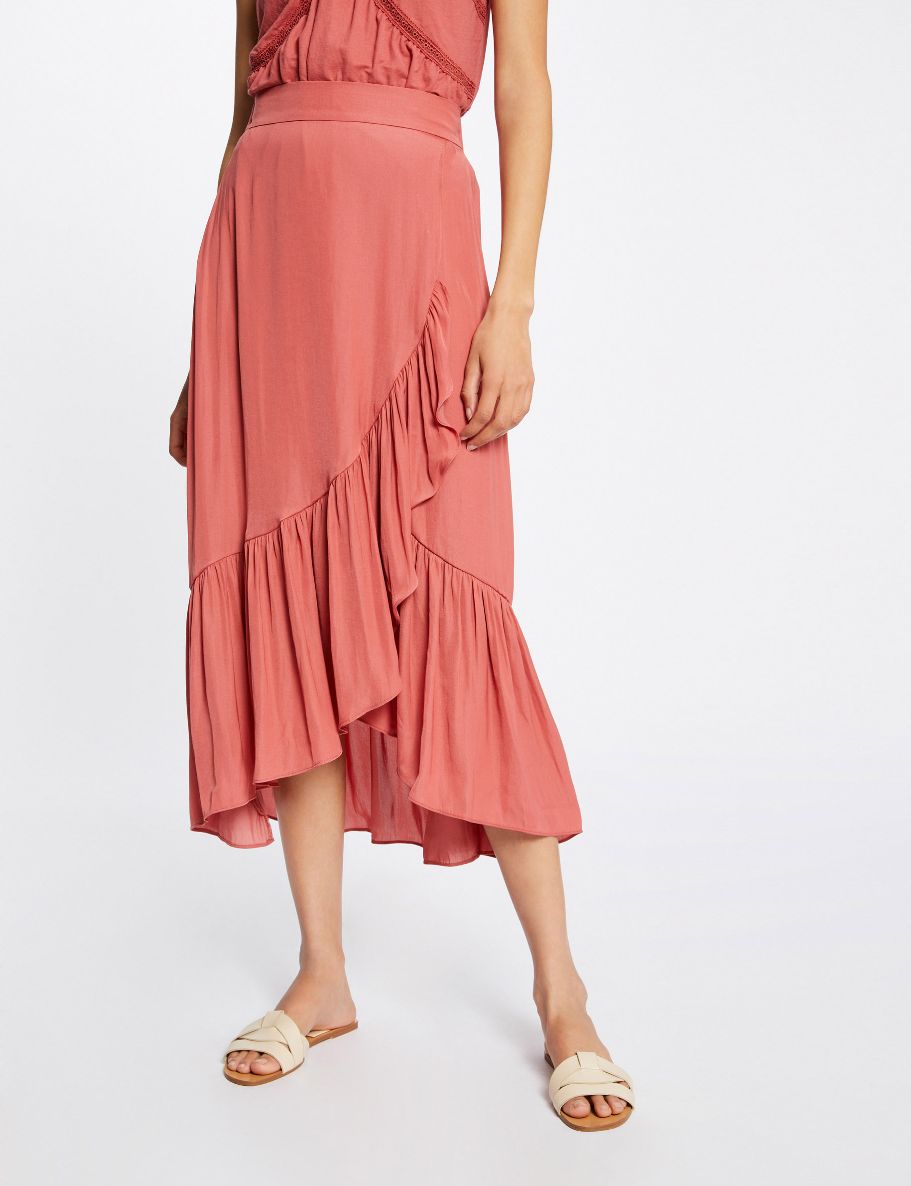 Midi A-line skirt with ruffles rust ladies'