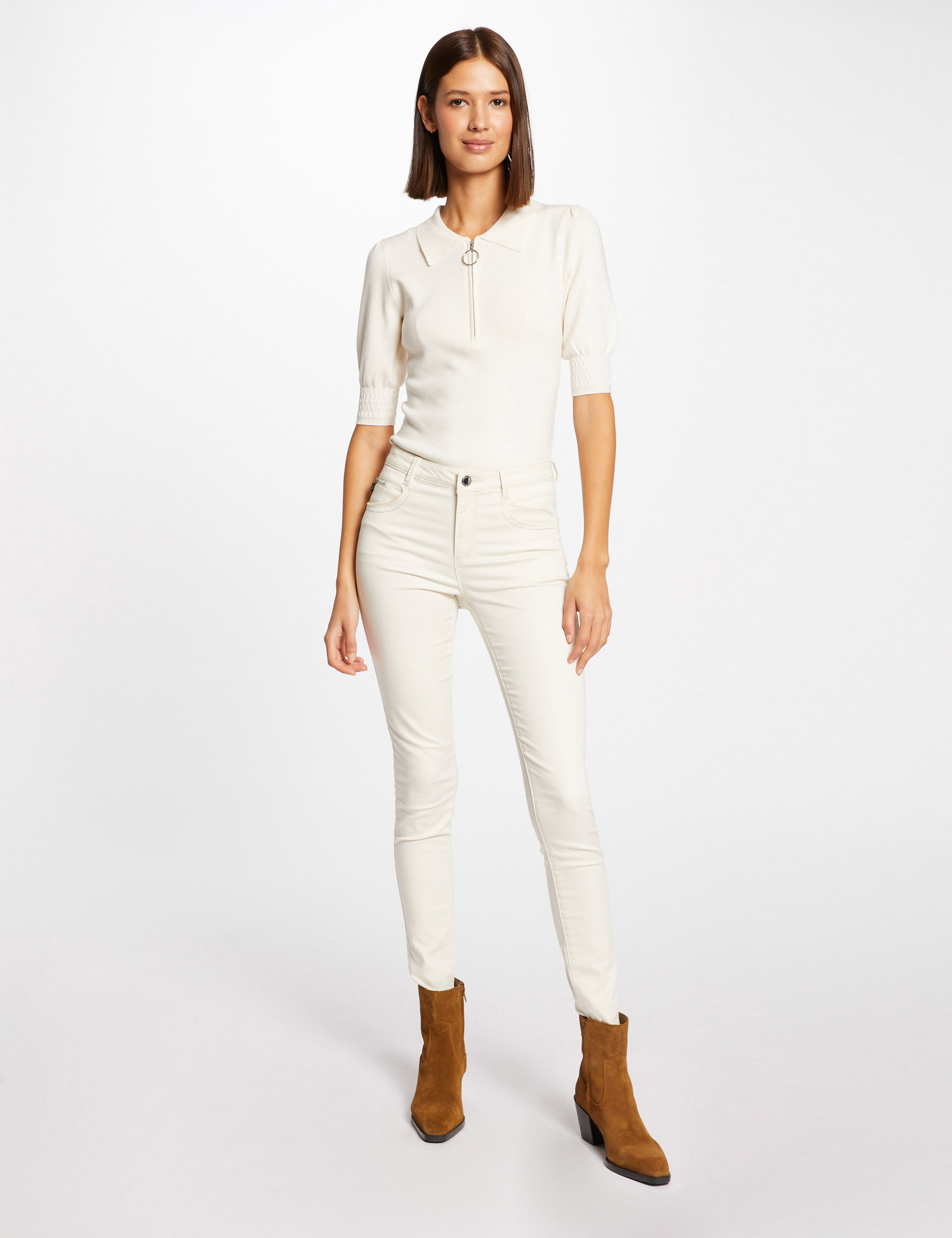 Short-sleeved jumper with polo collar ivory ladies' Short-sleeved jumper with polo collar ivory ladies'