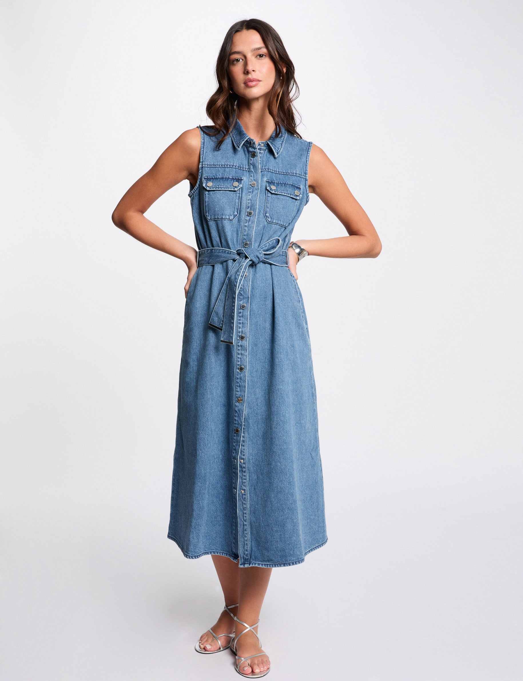 robe midi trapeze en jean denim stone femme Robe midi trapèze en jean denim stone femme