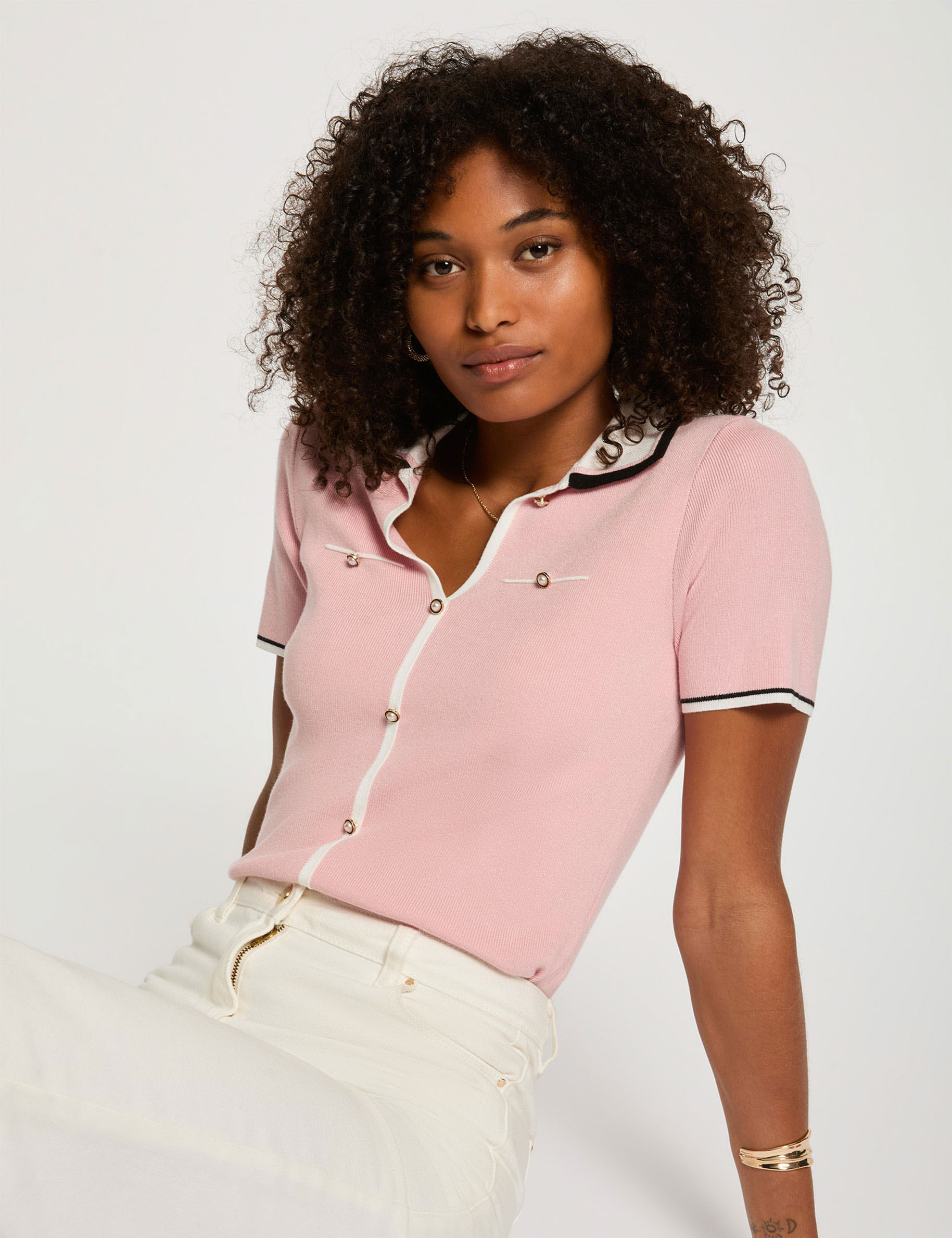 jumper polo collar and short sleeves powdered pink women Jumper polo collar and short sleeves powdered pink women