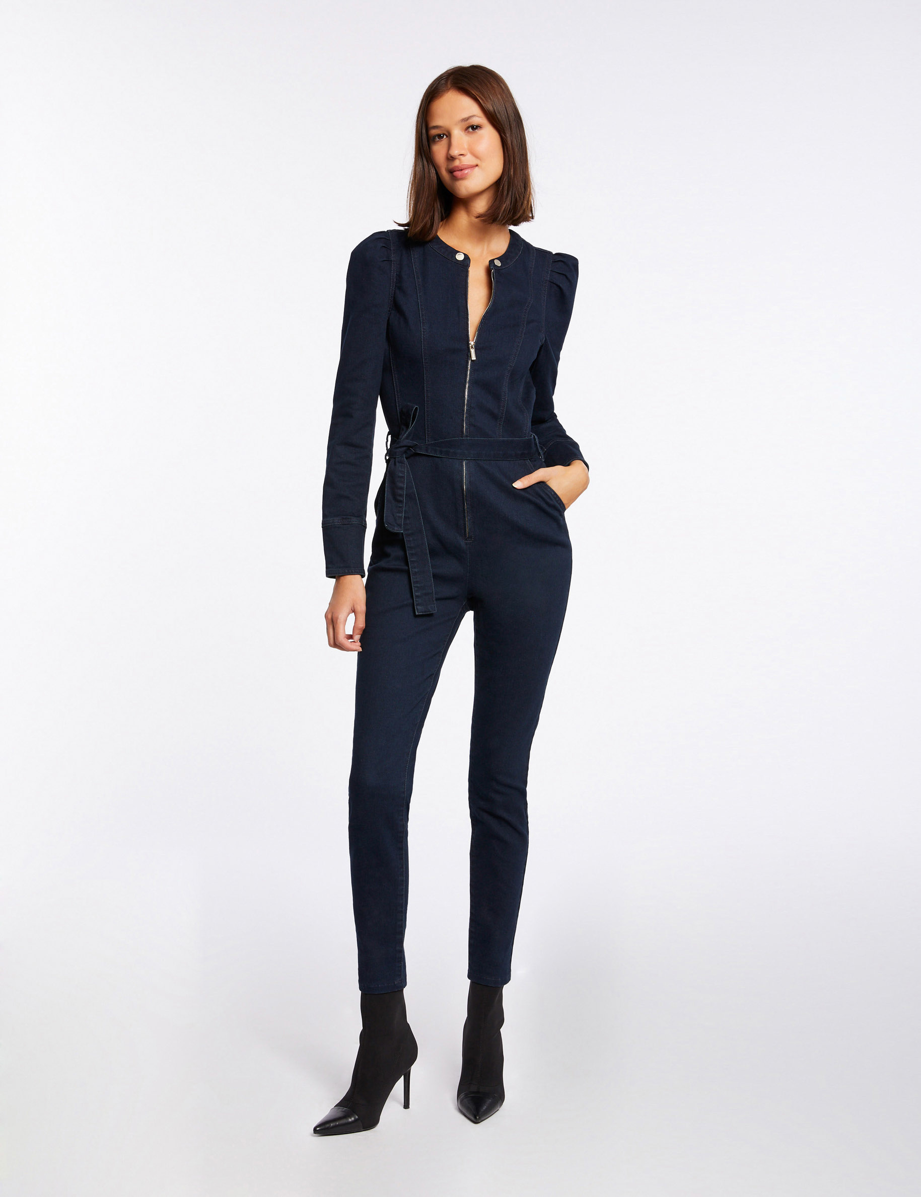 Fitted belted denim jumpsuit raw denim ladies' Fitted belted denim jumpsuit raw denim ladies'