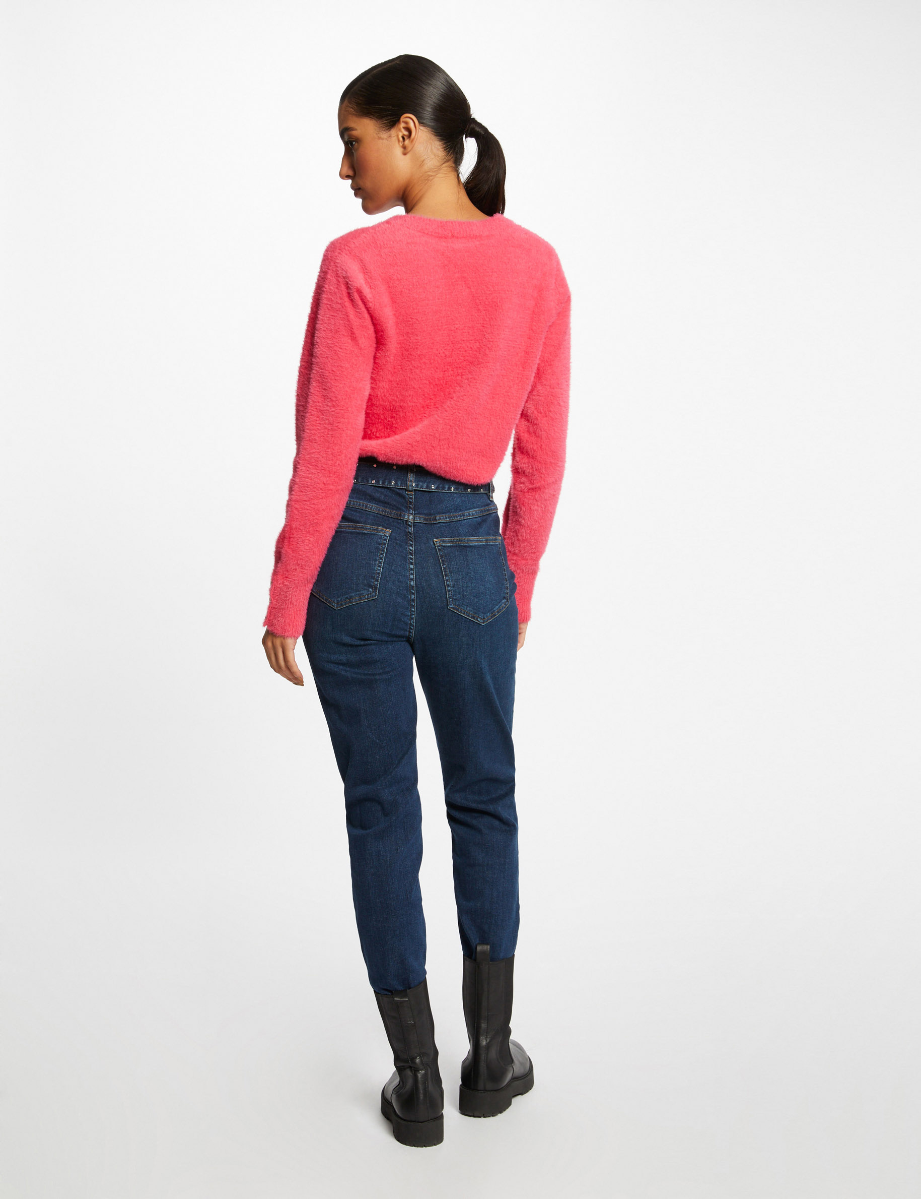 High-waisted belted regular jeans stone denim ladies'
