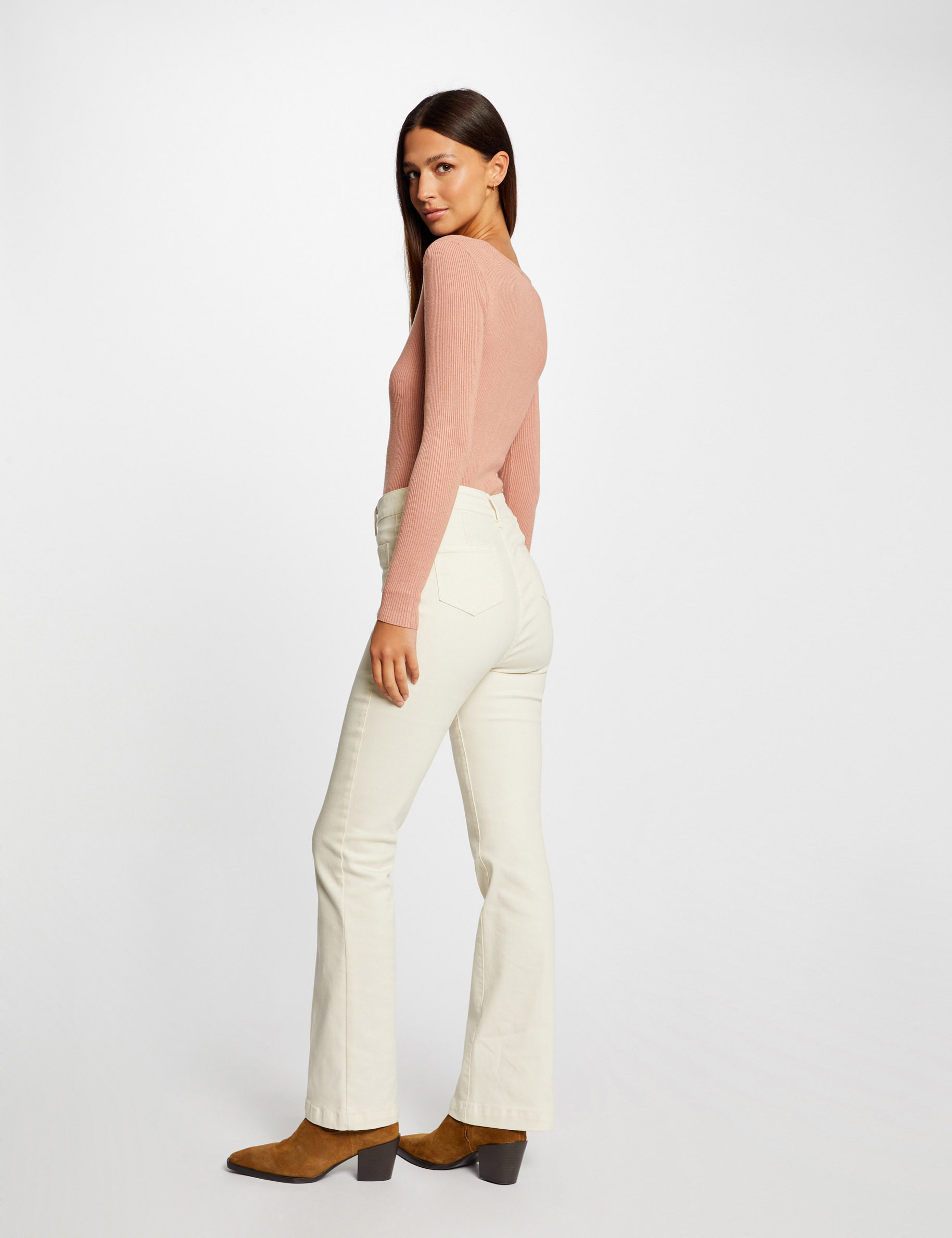 Long-sleeved ribbed jumper zipped detail antique pink ladies'