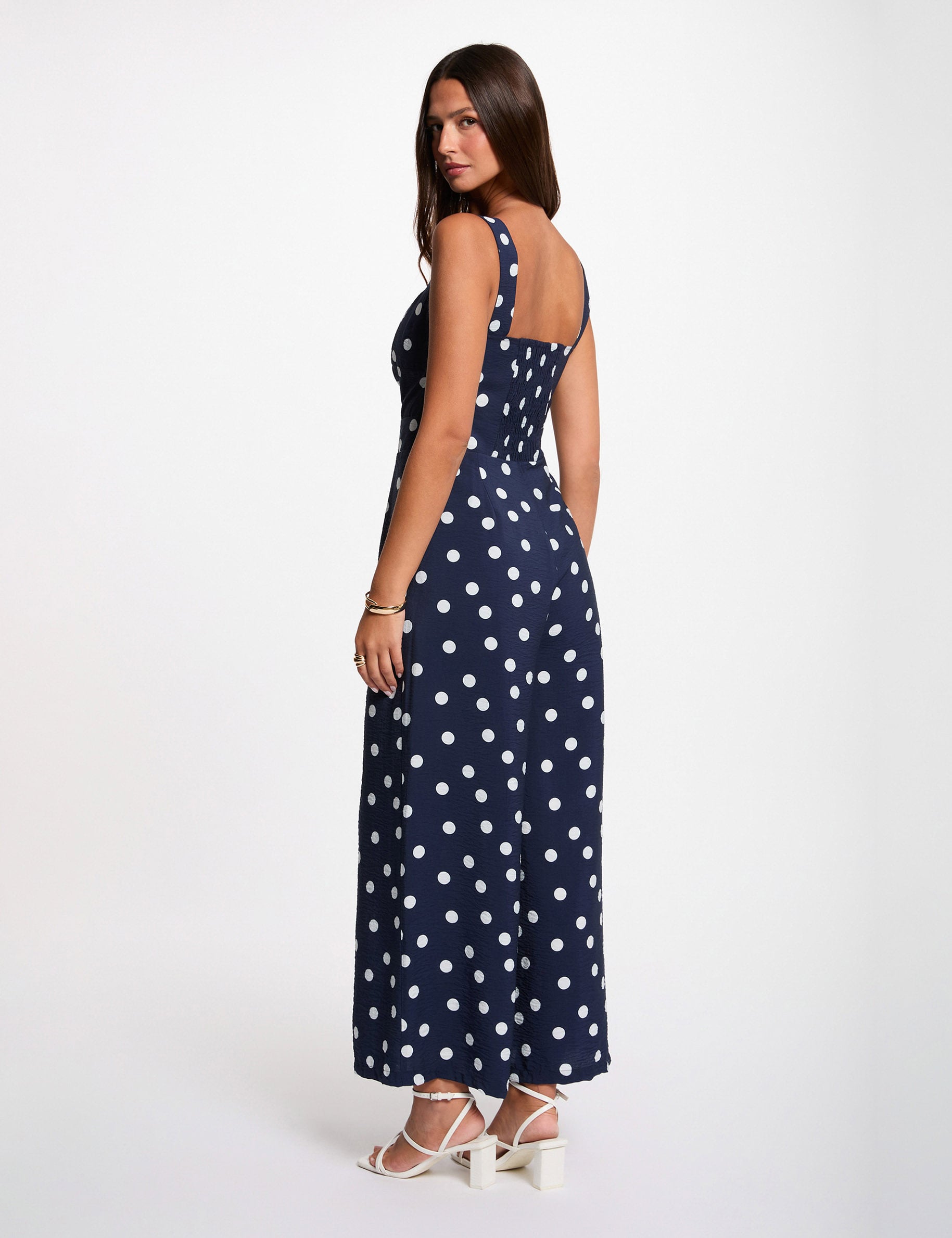 Flowy polka dot jumpsuit navy blue women