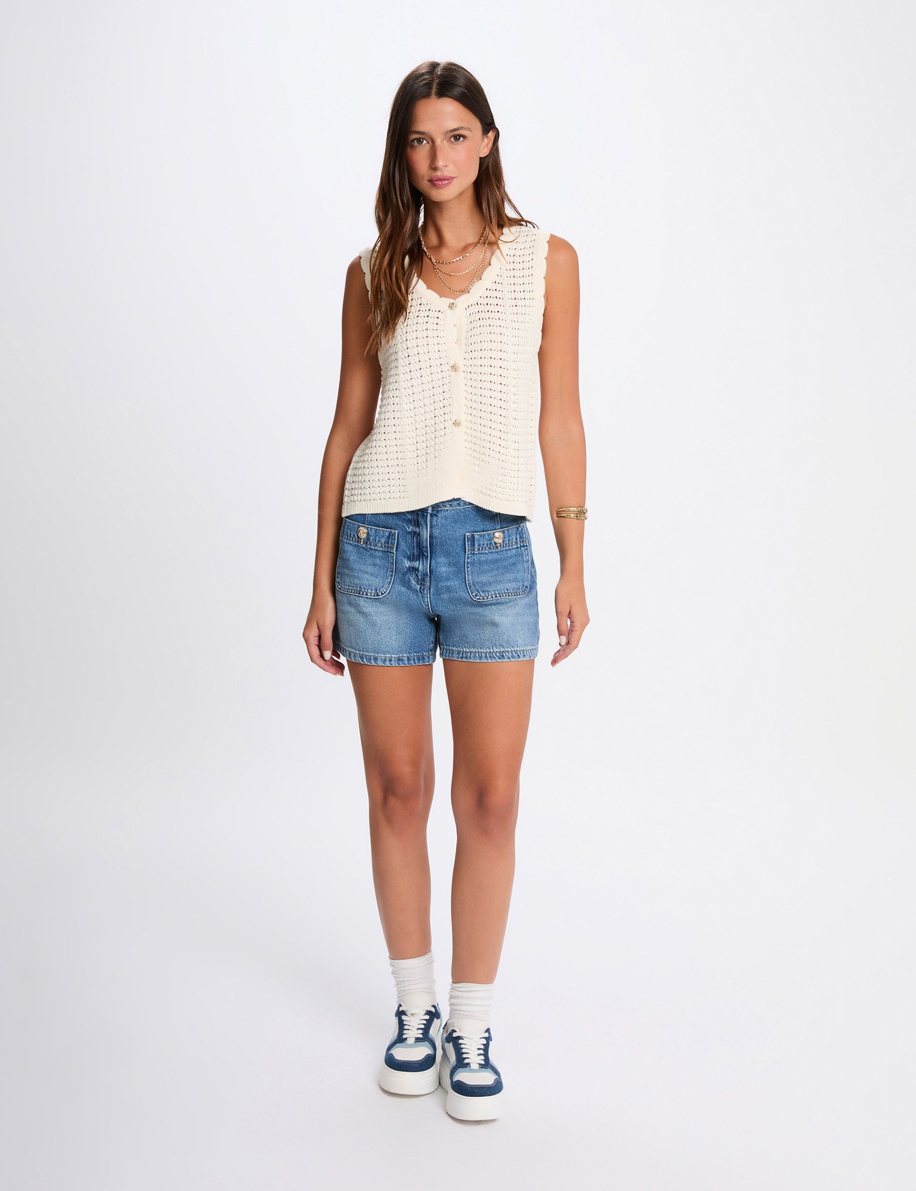 Sleeveless openwork cardigan ivory women