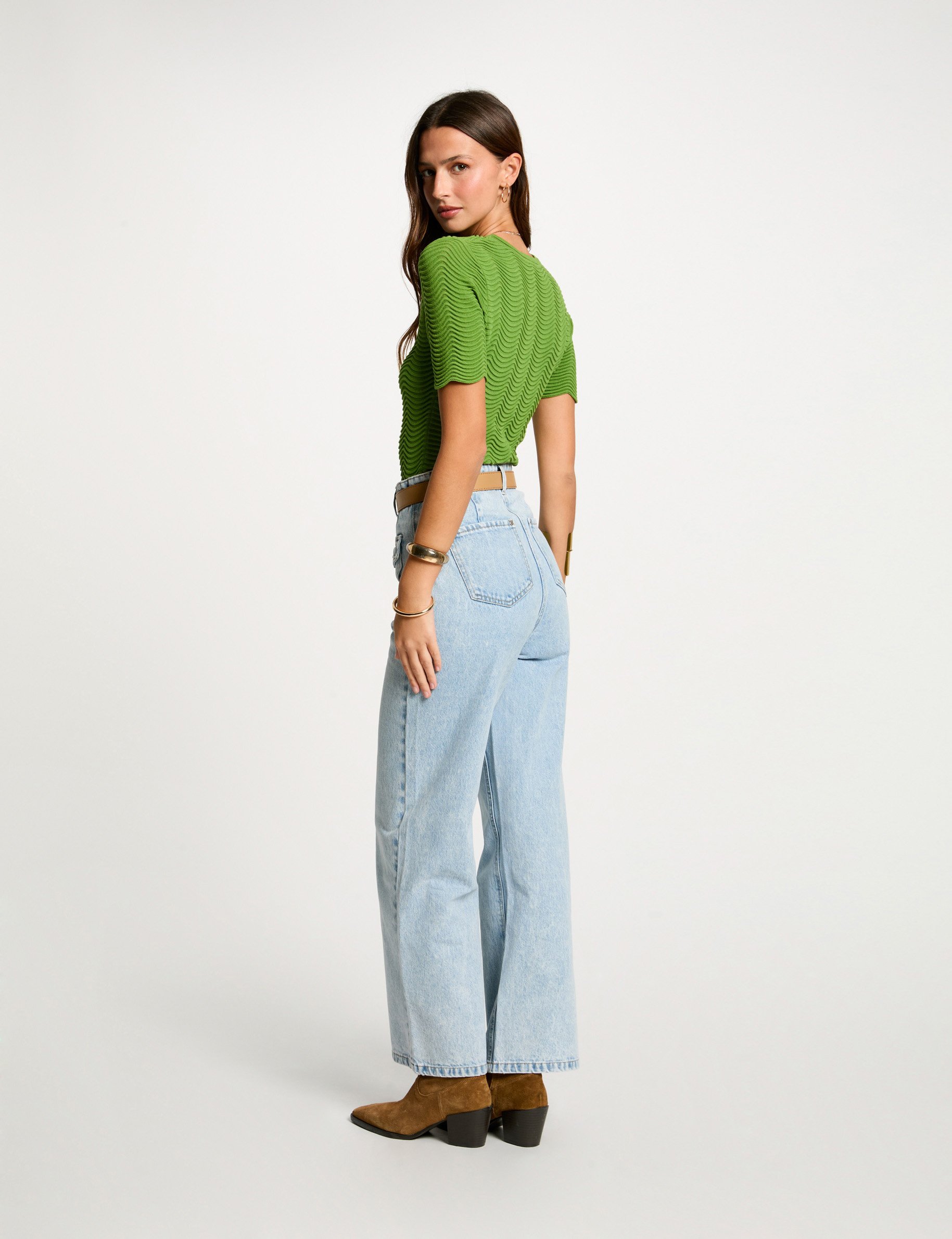high waisted wide leg jeans bleach denim women High-waisted wide leg jeans bleach denim women