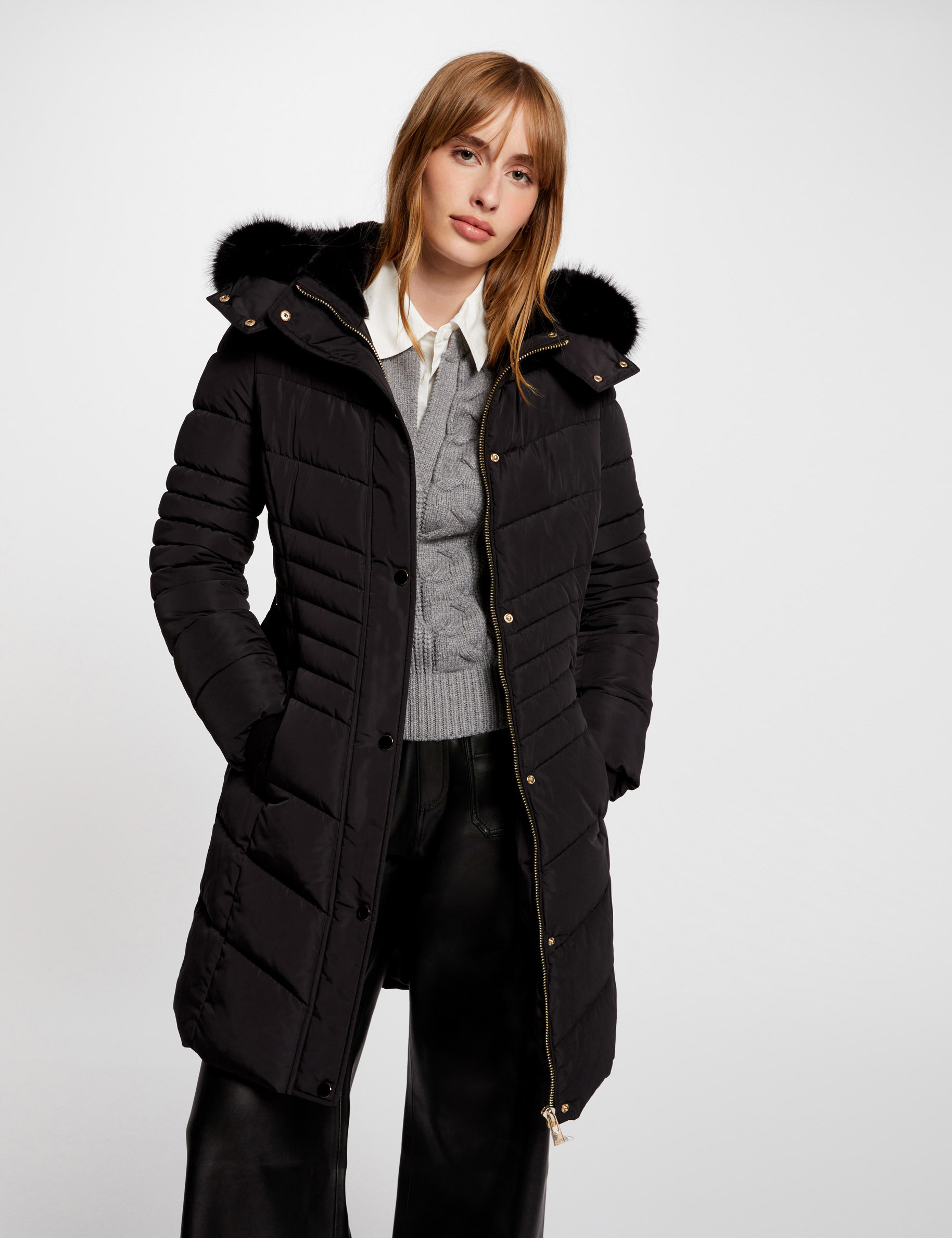 Womens black padded coat with fur hood clearance