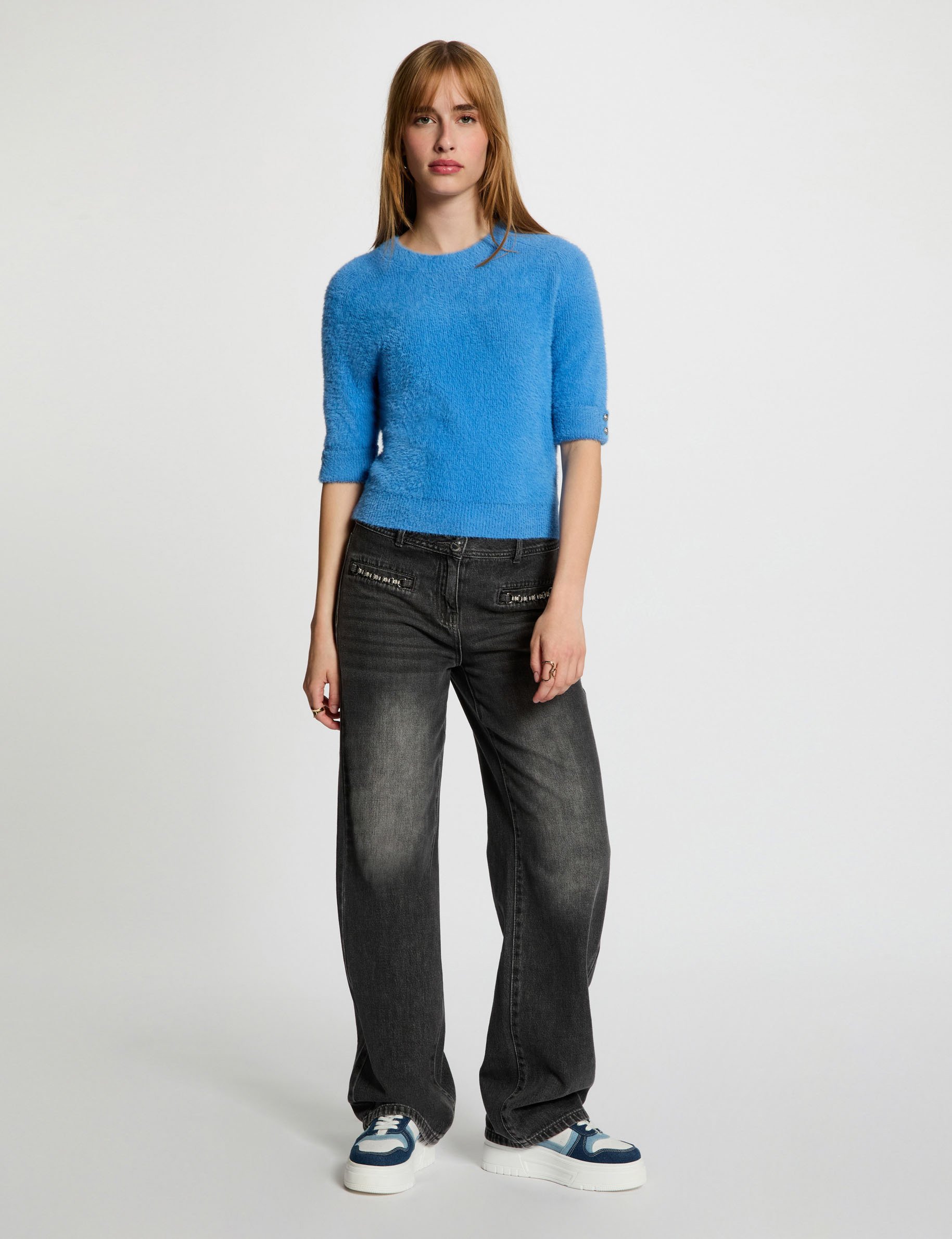 Pull manches courtes bleu femme