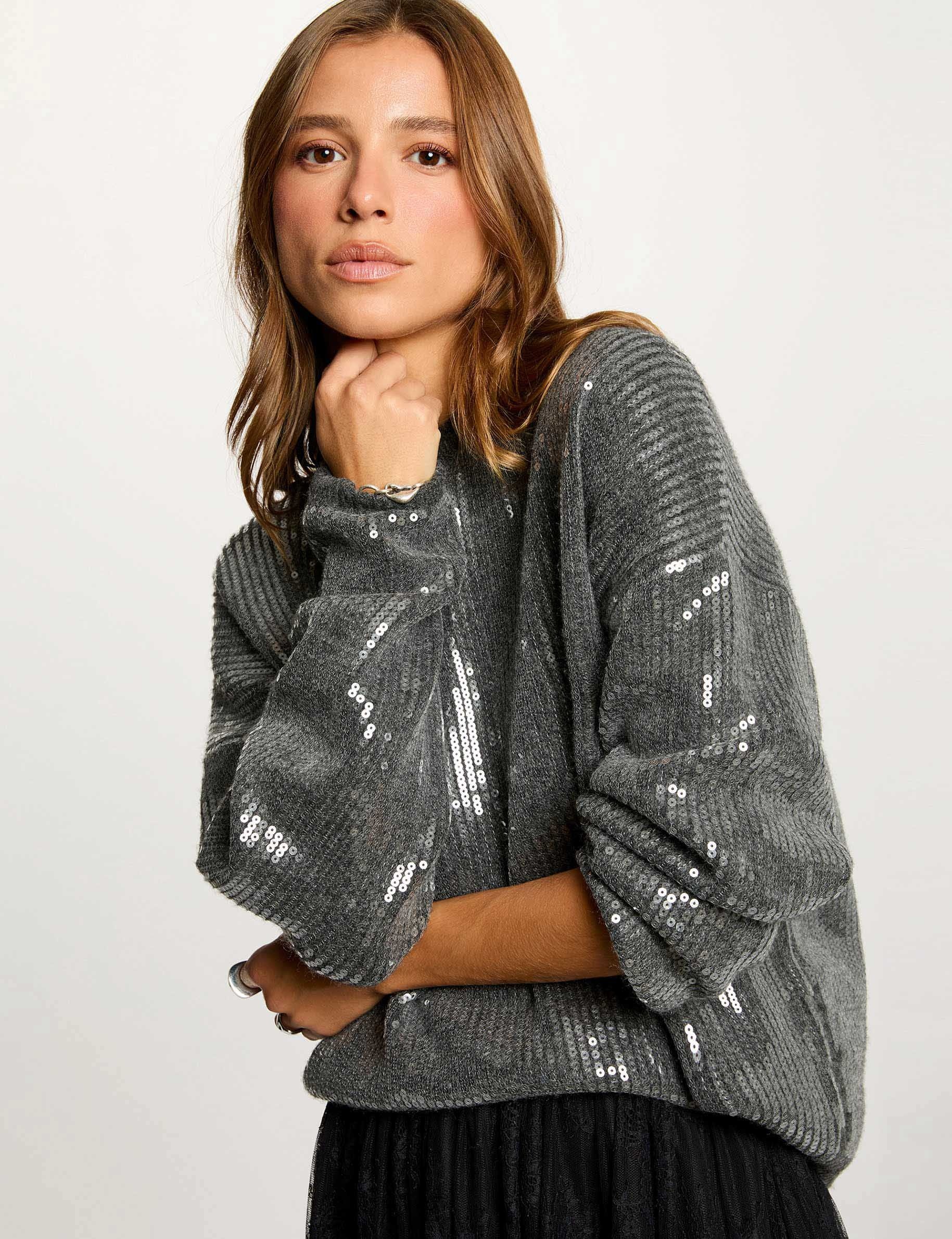 Sequin sweater with round neck dark grey women