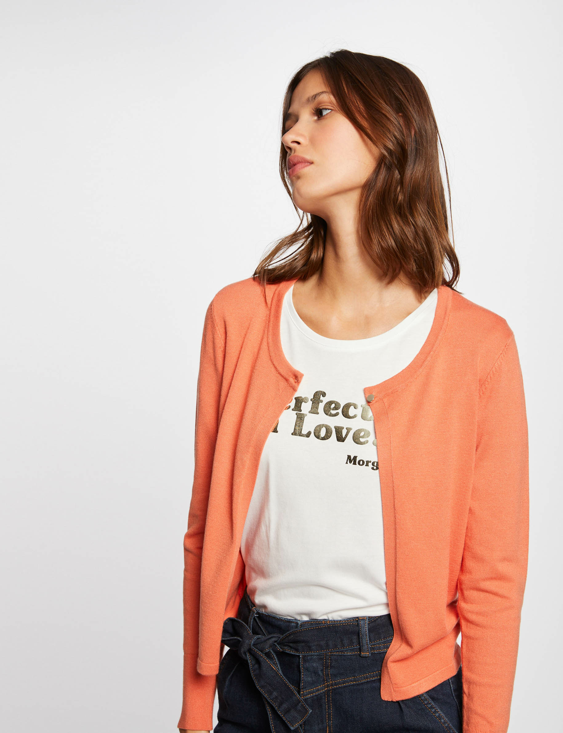 Short straight cardigan with round neck orange ladies' Short straight cardigan with round neck orange ladies'