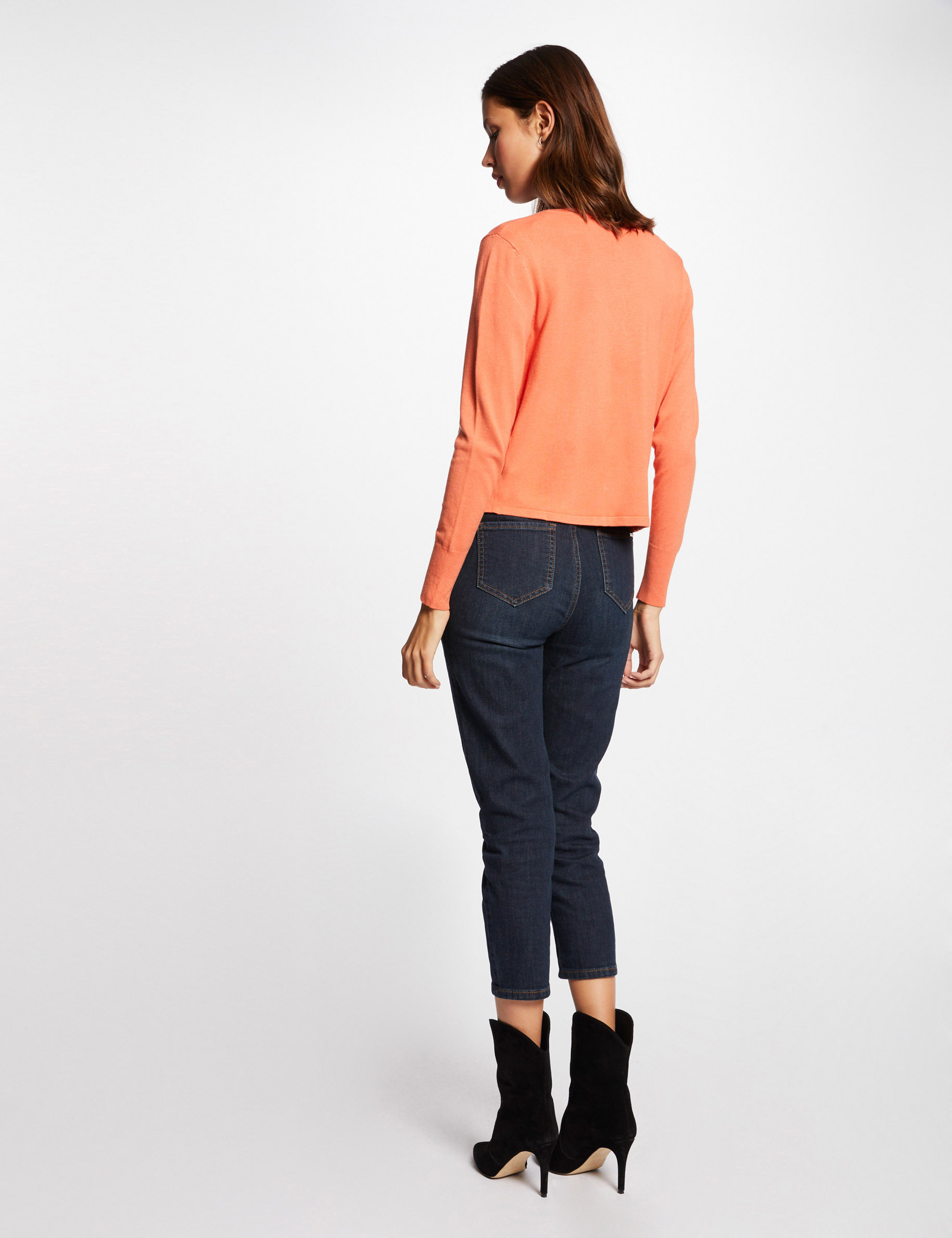 Short straight cardigan with round neck orange ladies' Short straight cardigan with round neck orange ladies'