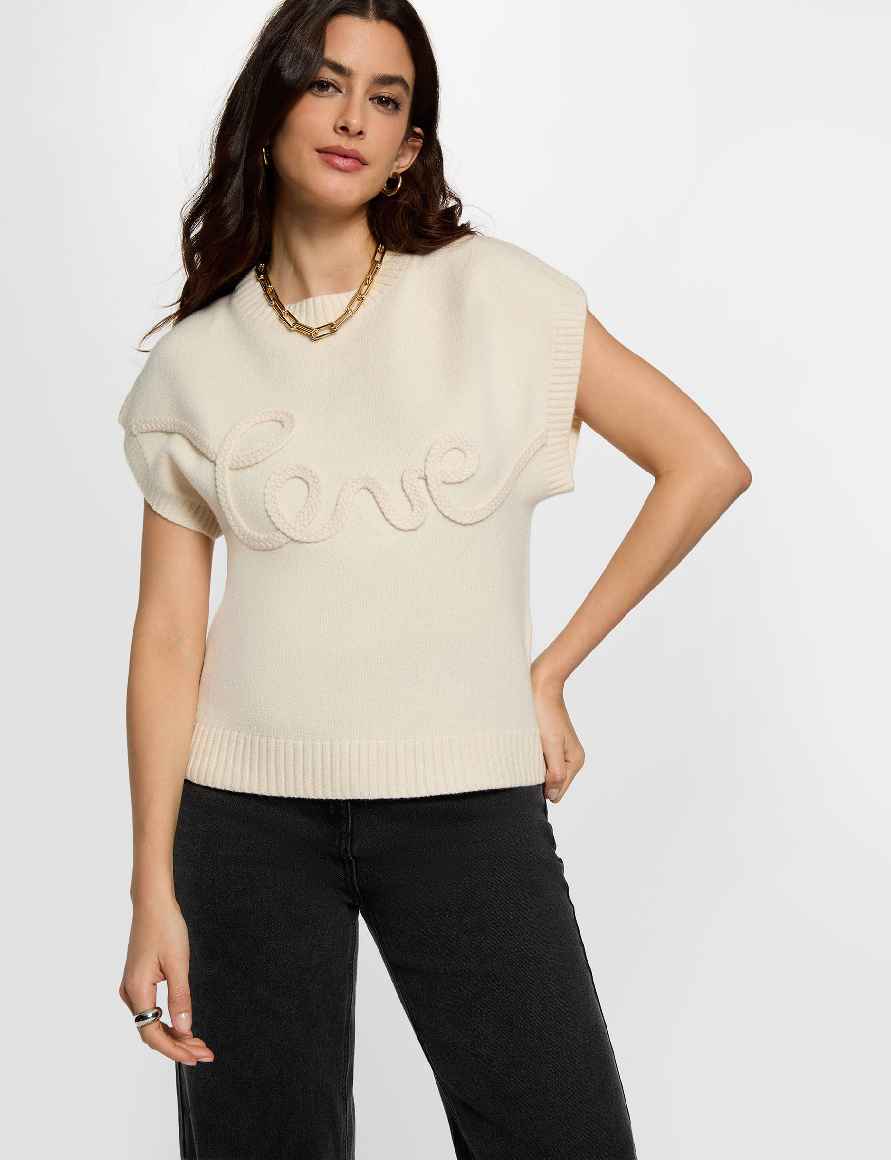 Embroidered round neck sweater cream women