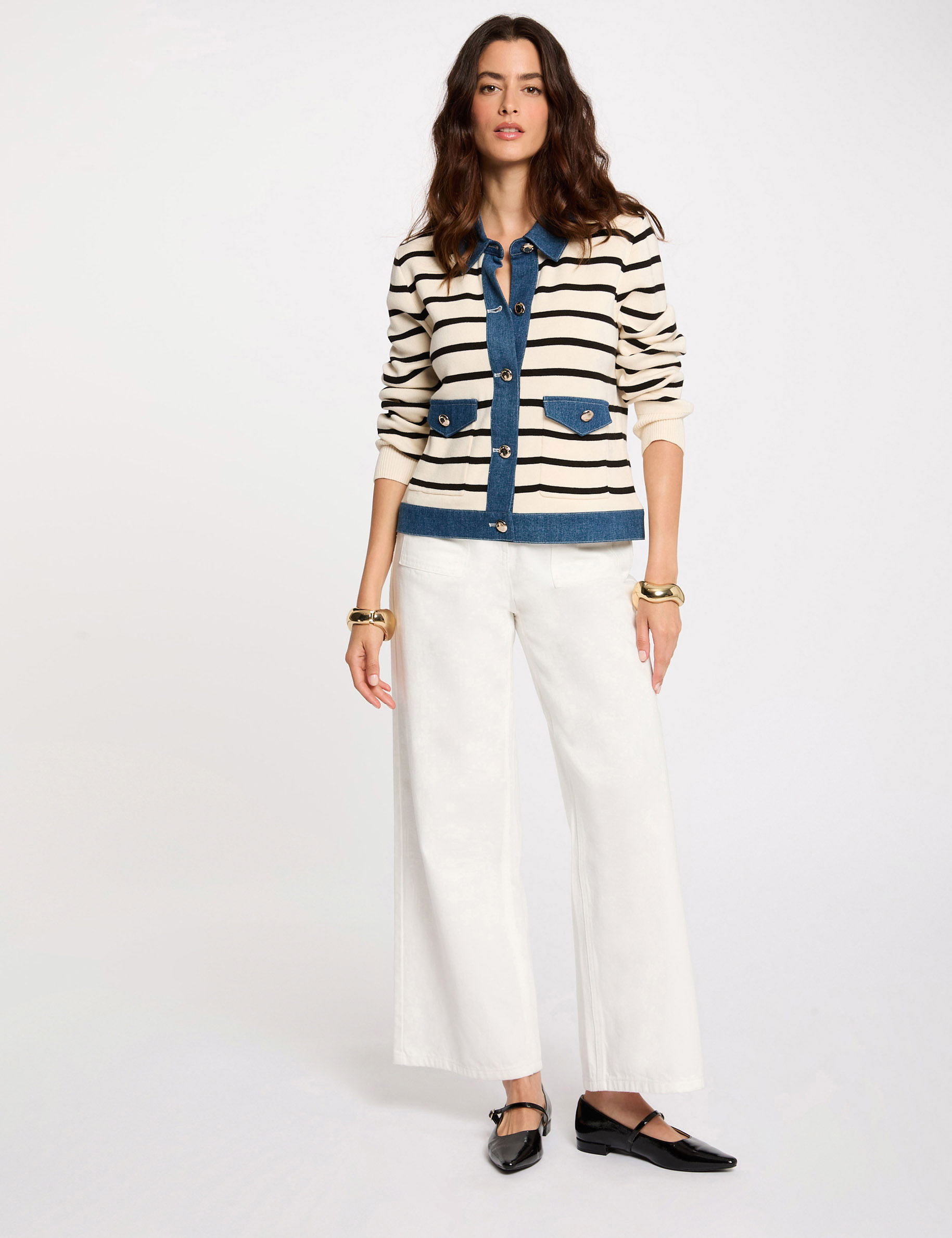 Gilet col à revers rayé ivoire femme