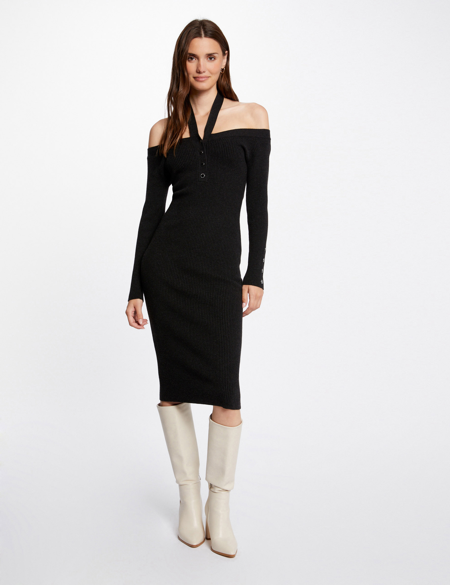 robe pull ajustee col bardot gris anthracite femme Robe pull ajustée col bardot gris anthracite femme