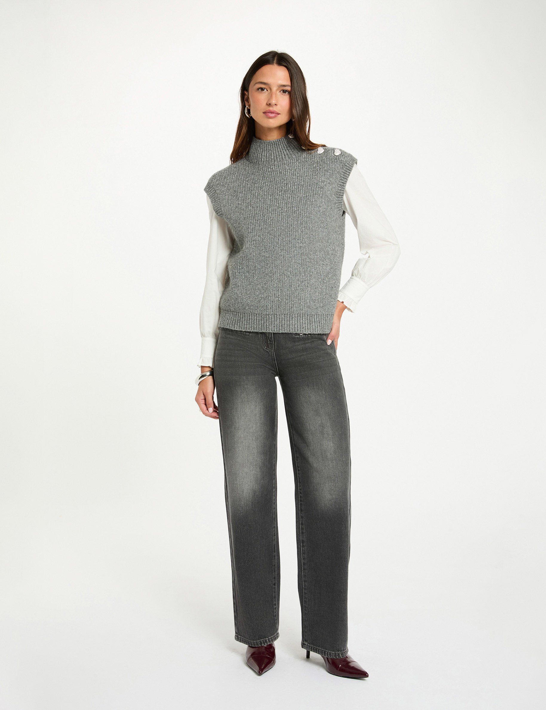 pull sans manches gris fonce femme Pull sans manches gris foncé femme