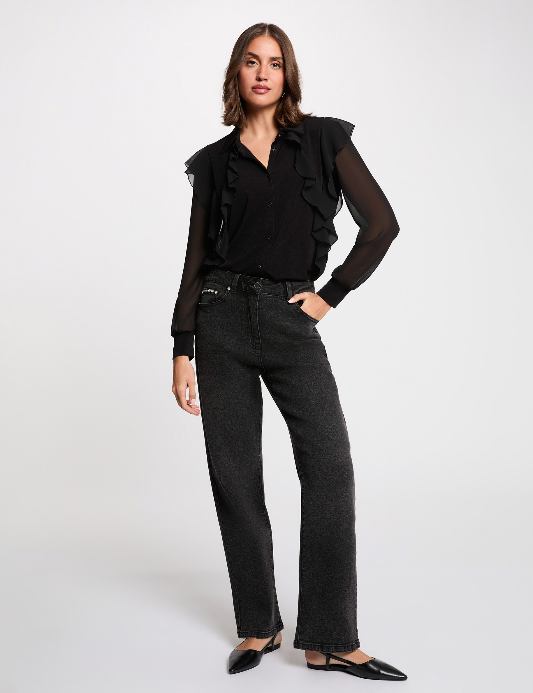 Buttoned voile t-shirt black women