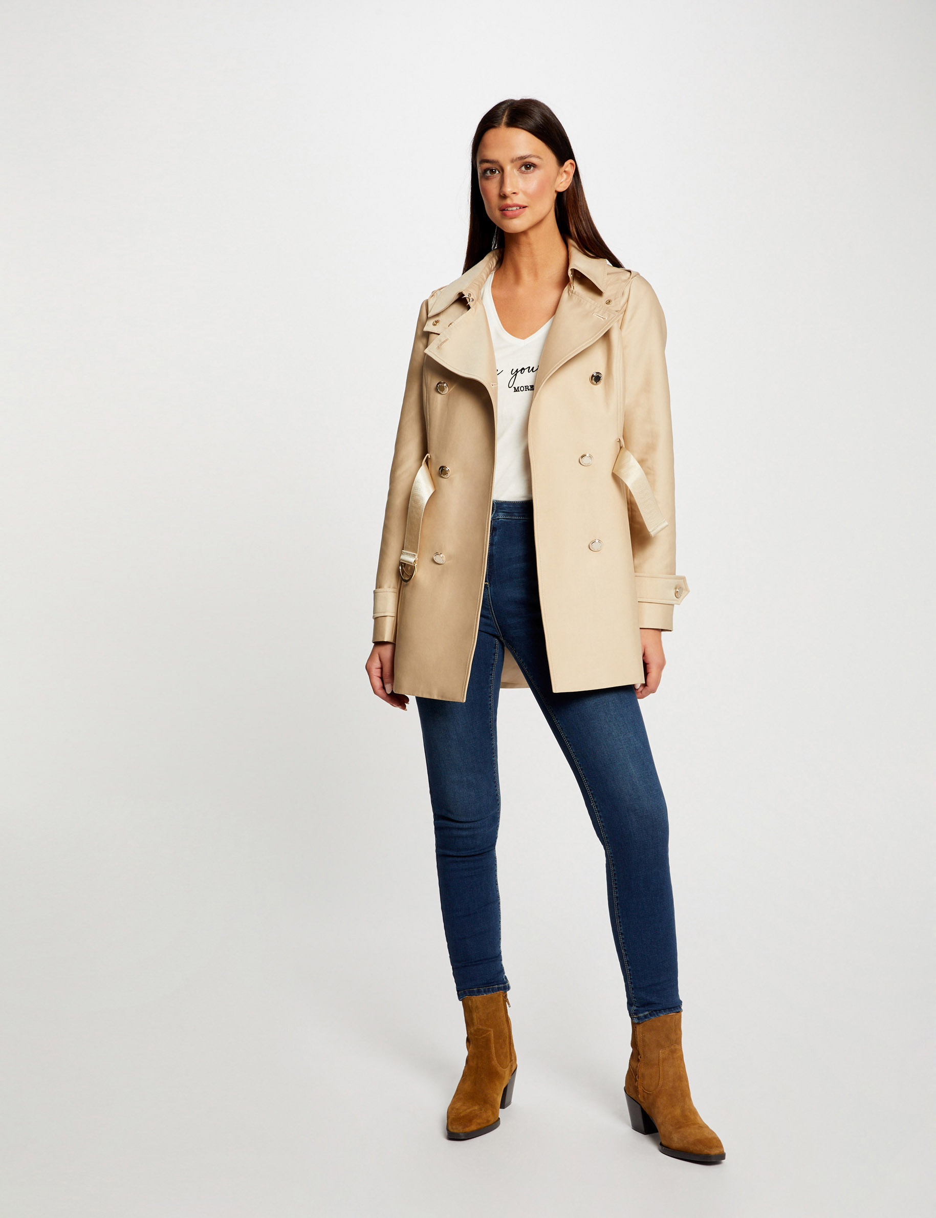 Straight belted trenchcoat with hood beige ladies' | Morgan