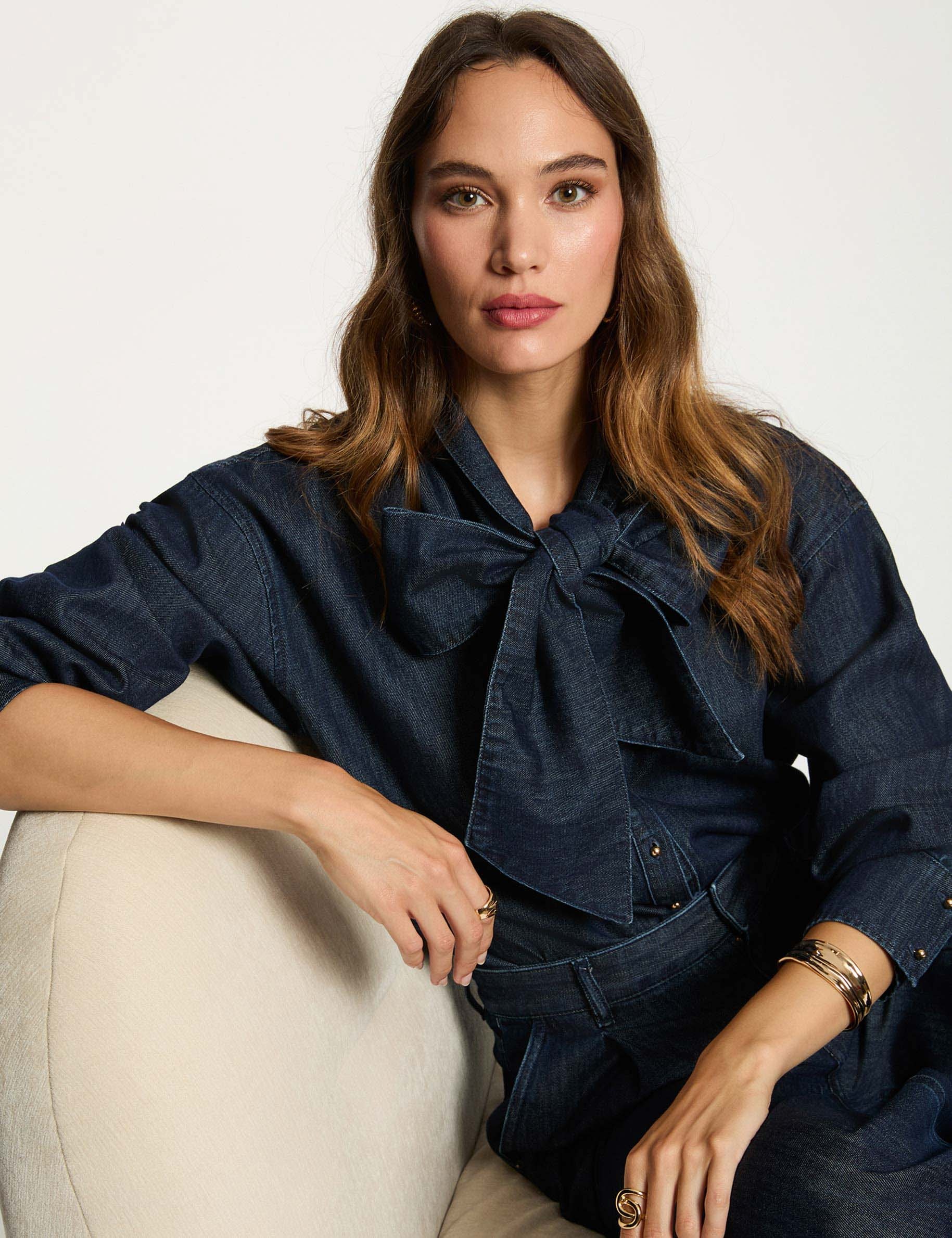 Denim shirt with lavalli&egrave;re raw denim women