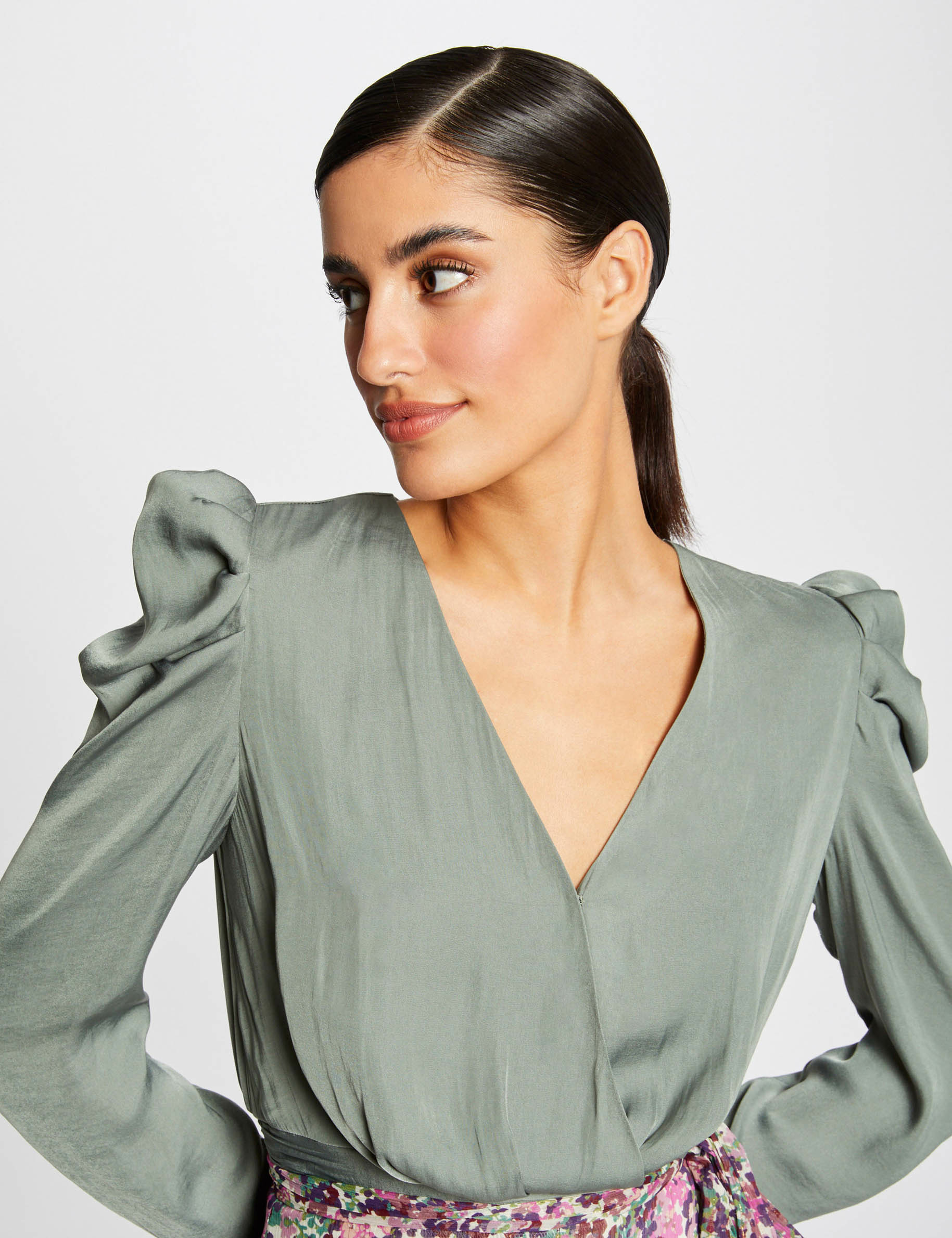 Long-sleeved blouse wrap-over neckline mid-green ladies'