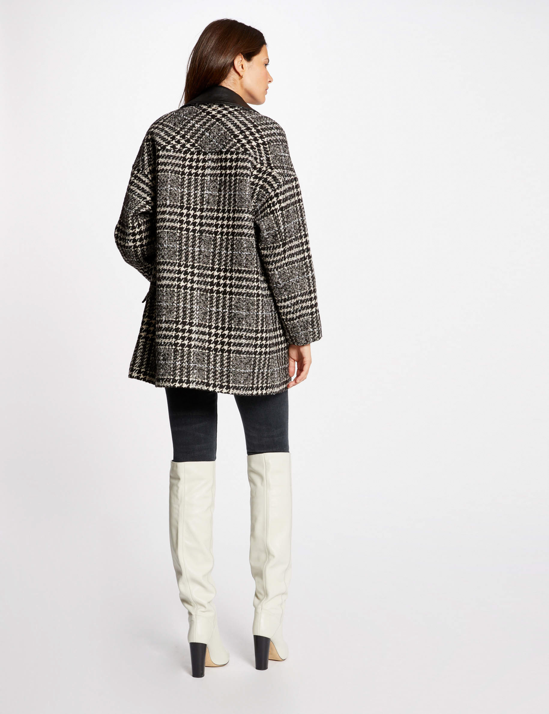 Straight coat with houndstooth print ecru ladies'