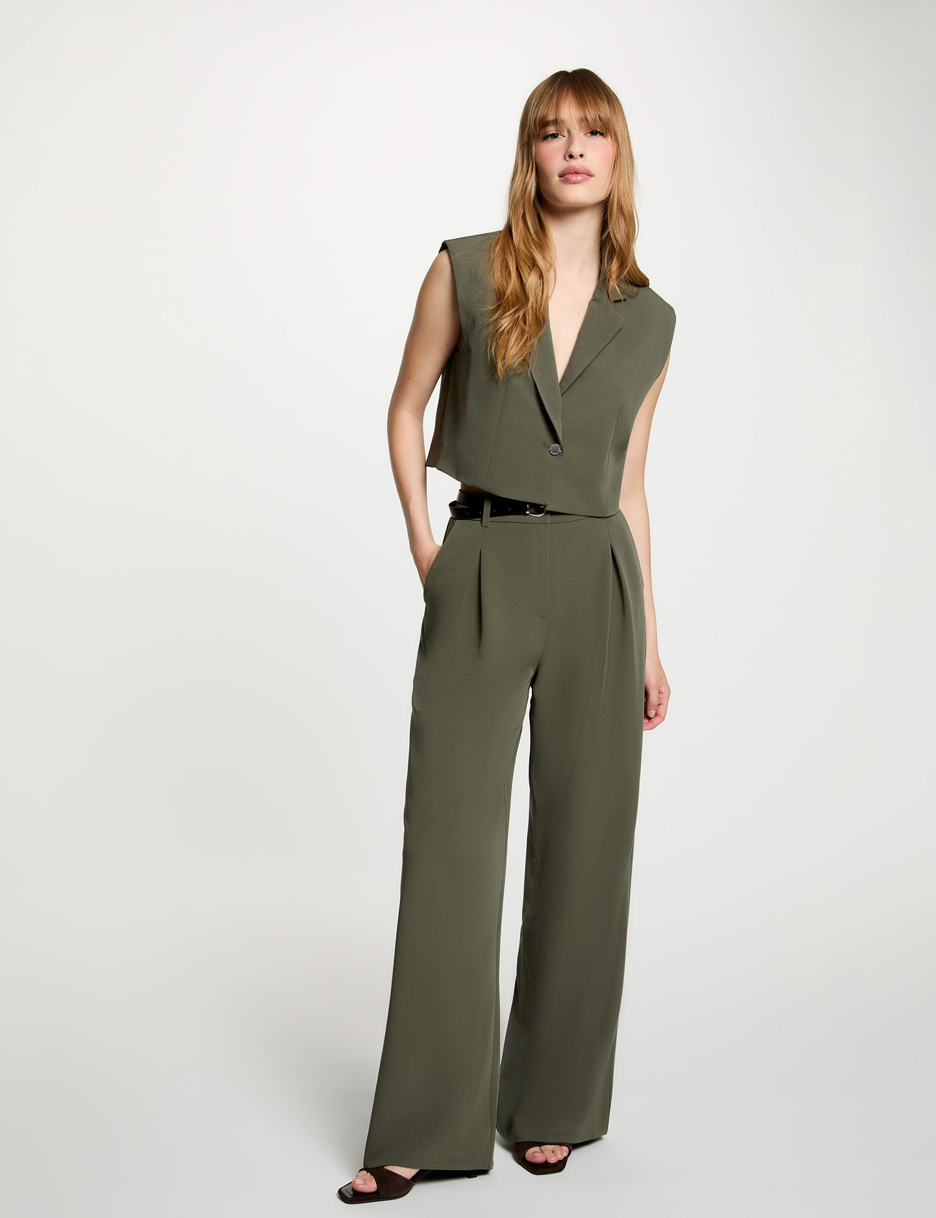 Cropped sleeveless jacket khaki green women