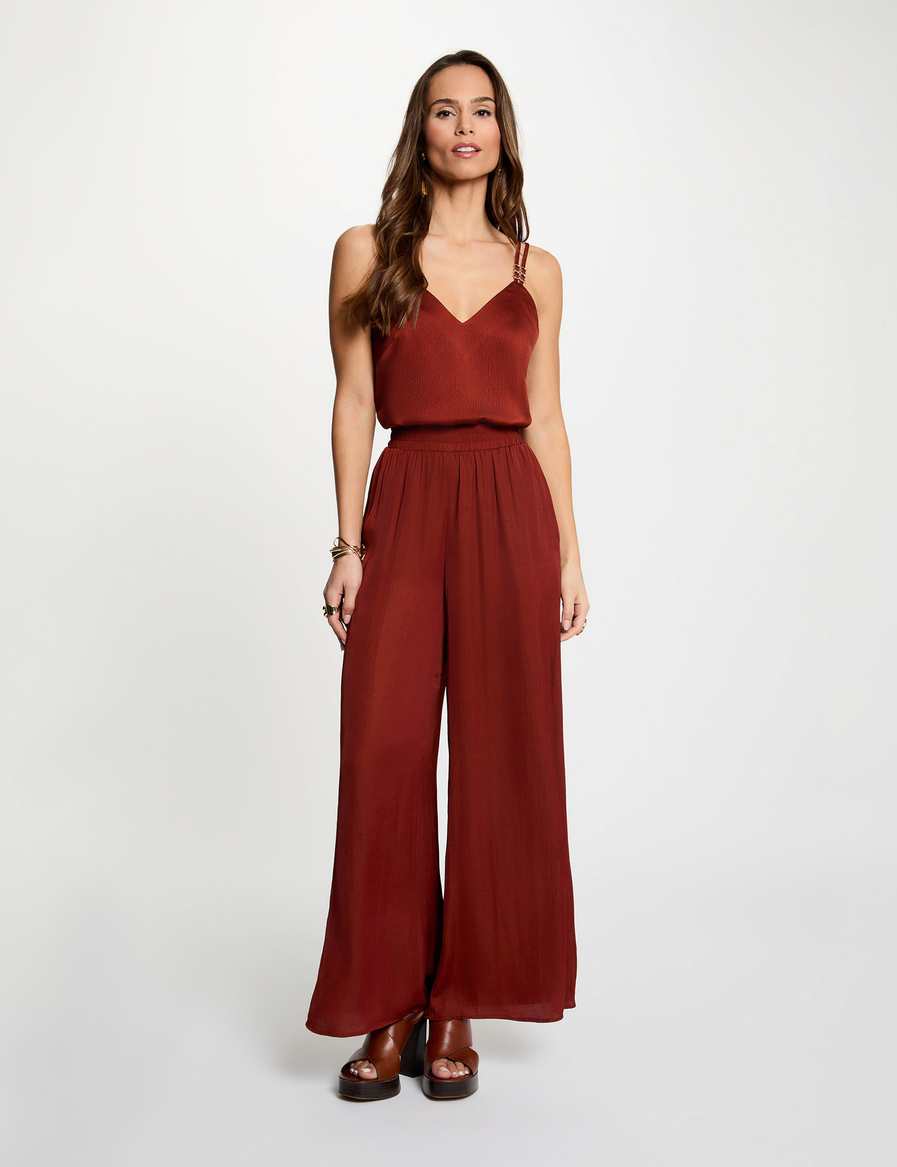 Satin top with straps cognac brown women