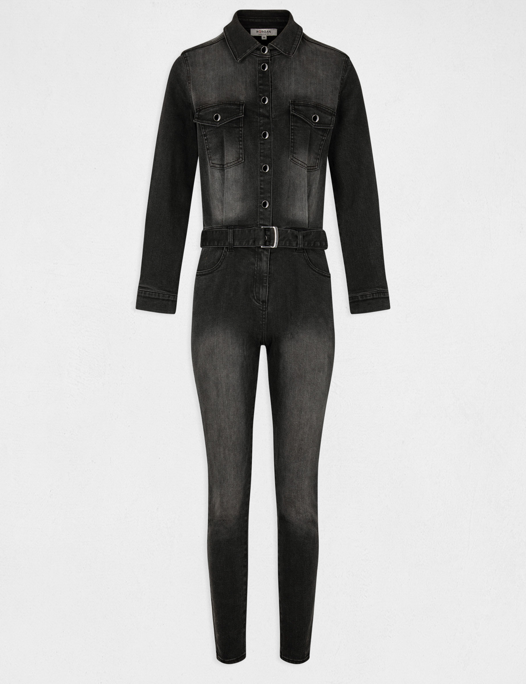 Fitted belted denim jumpsuit anthracite grey ladies'