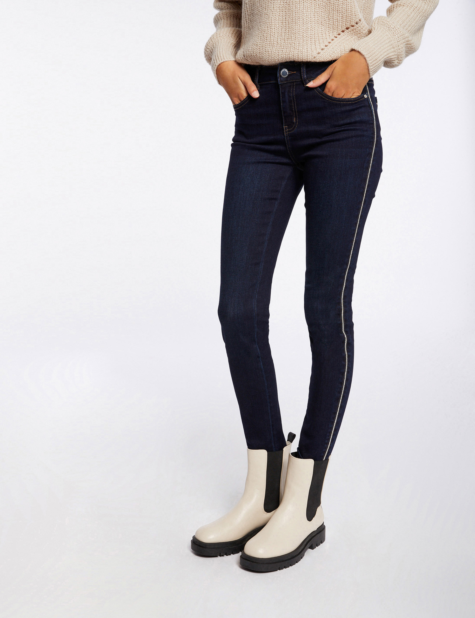 Slim jeans with rhinestones strips raw denim ladies'