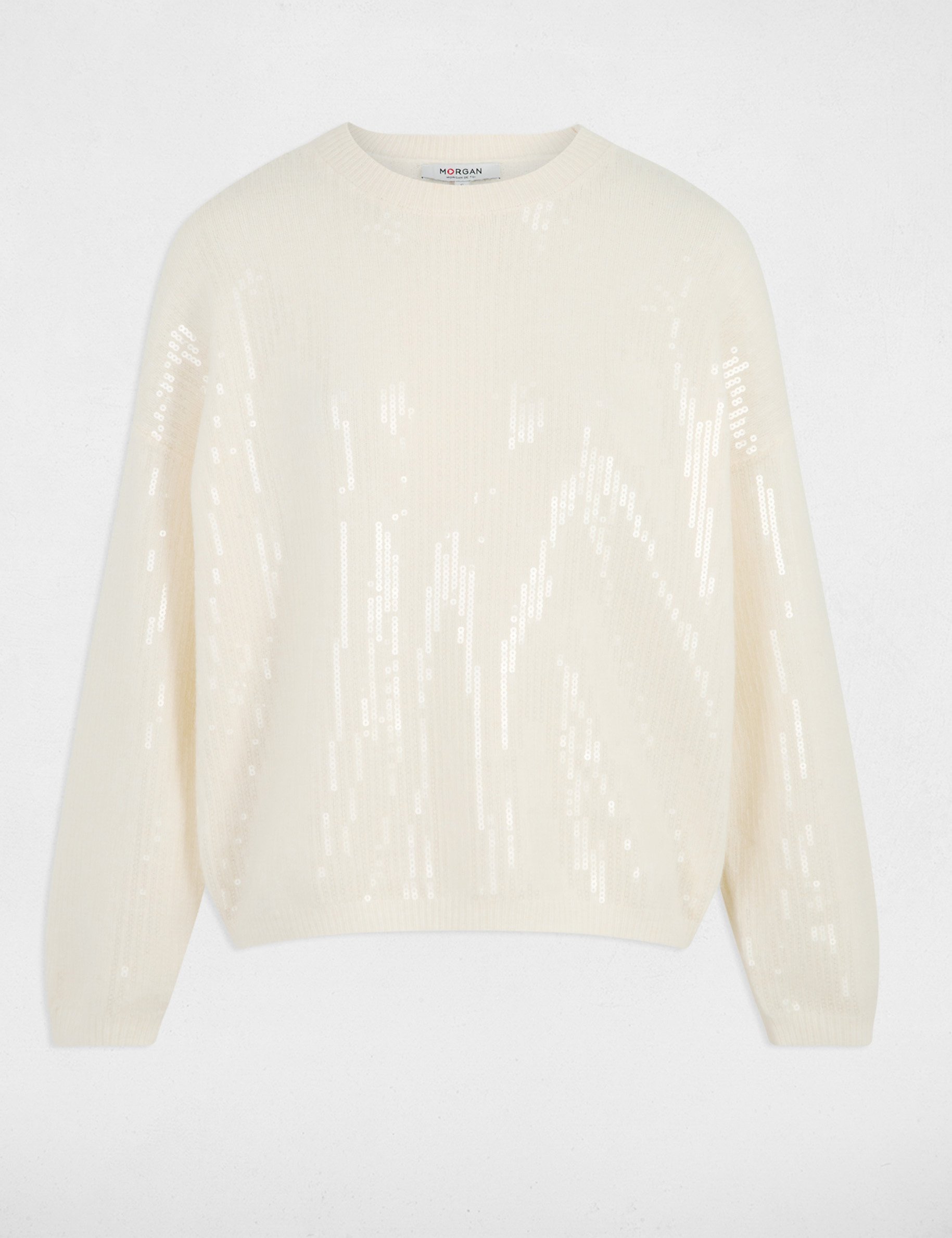 Sequin sweater with round neck ivory women