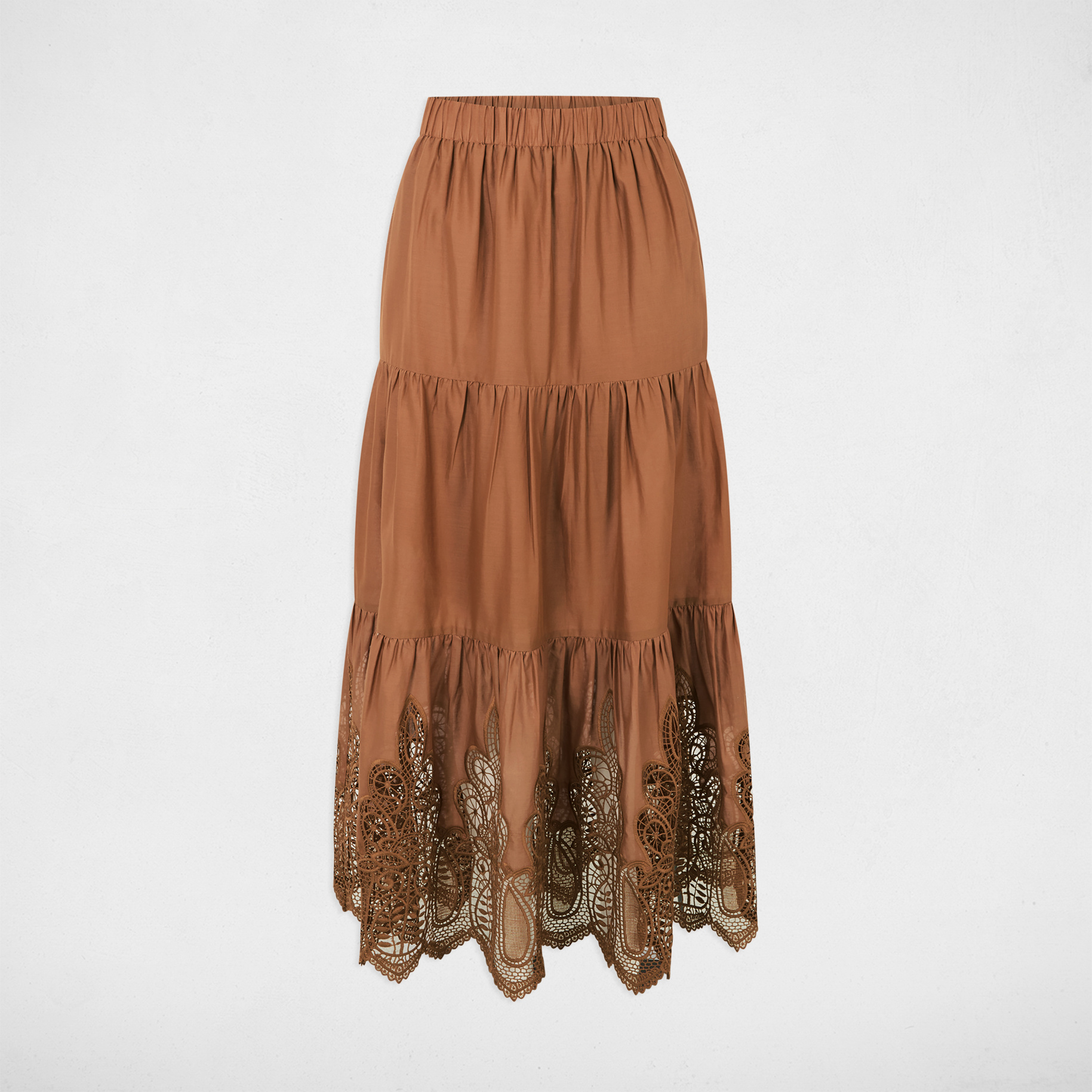 jupe longue detail dentelle marron cognac femme Jupe longue détail dentelle marron cognac femme