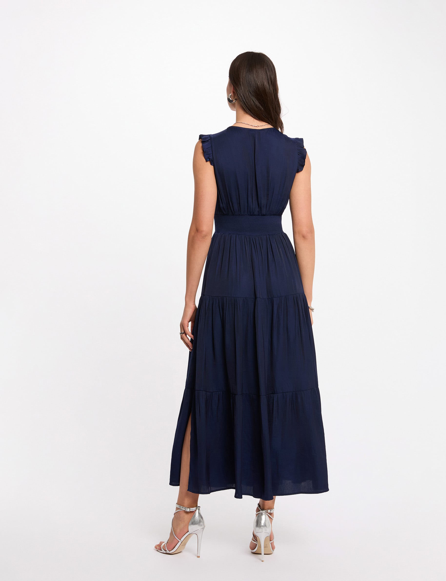 Long dress with V-neck navy blue women